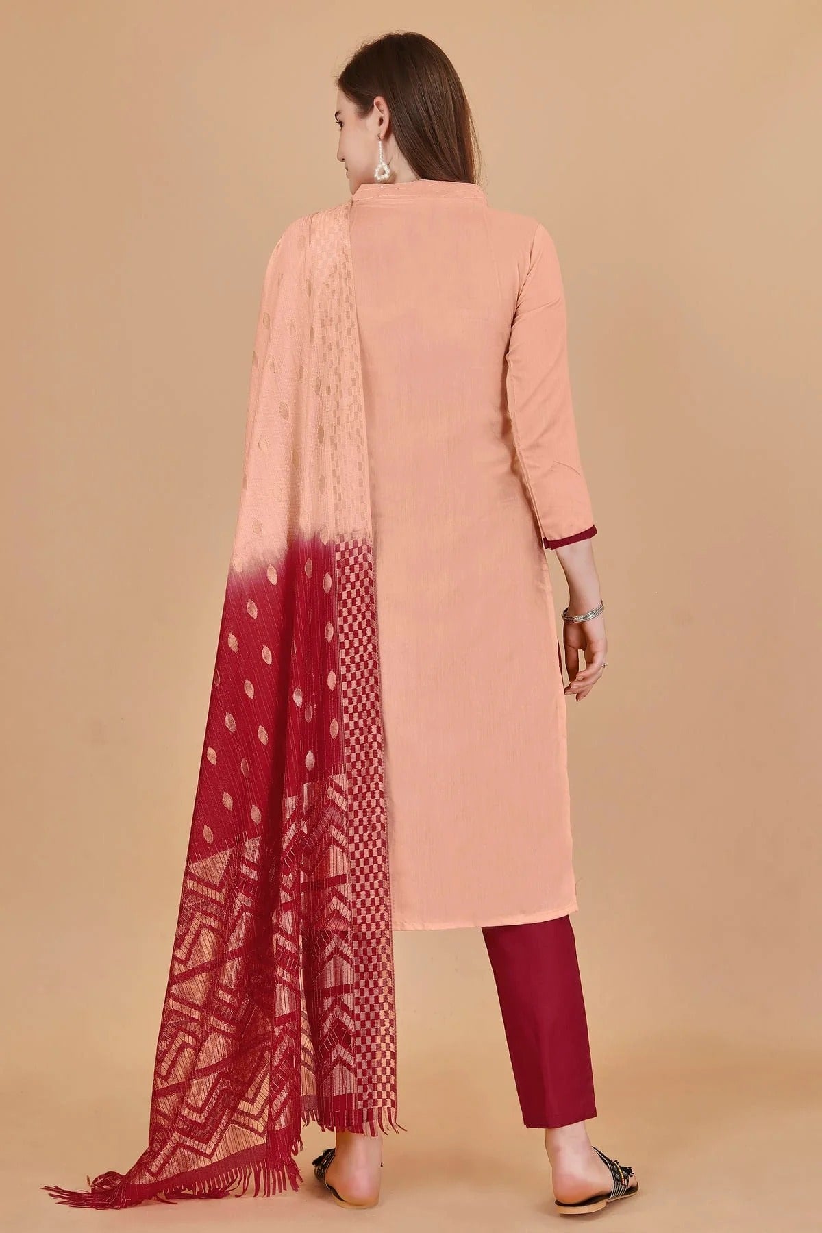 Peach Colour Unstitched Cotton Jacquard Straight Suit US1160881 A