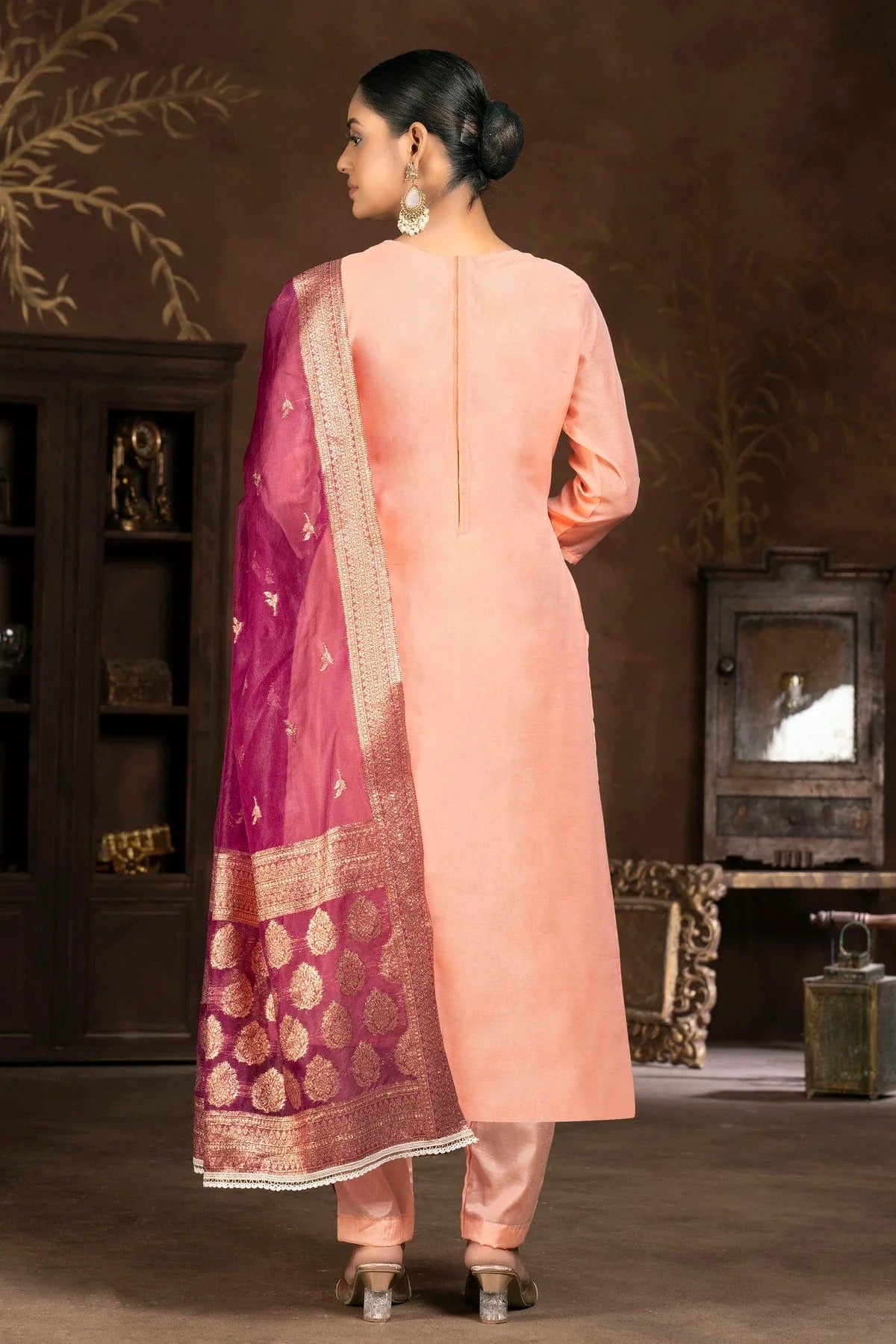 Peach Colour Unstitched Organza Pant Style Suit US1160839 A