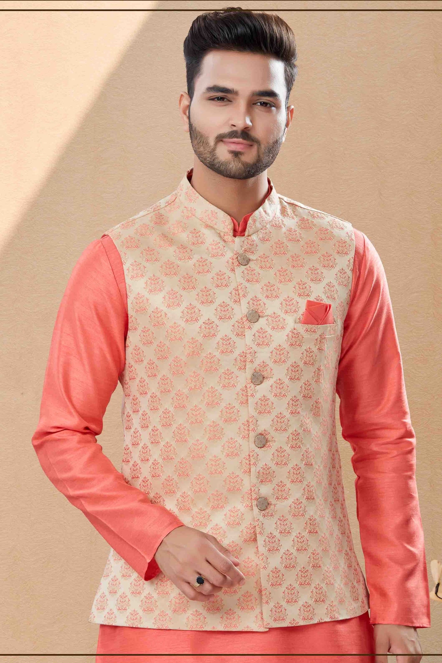 Peach and Cream Colour Kurta Pajama With Jacket In Silk Dupion Fabric KP1040453 A
