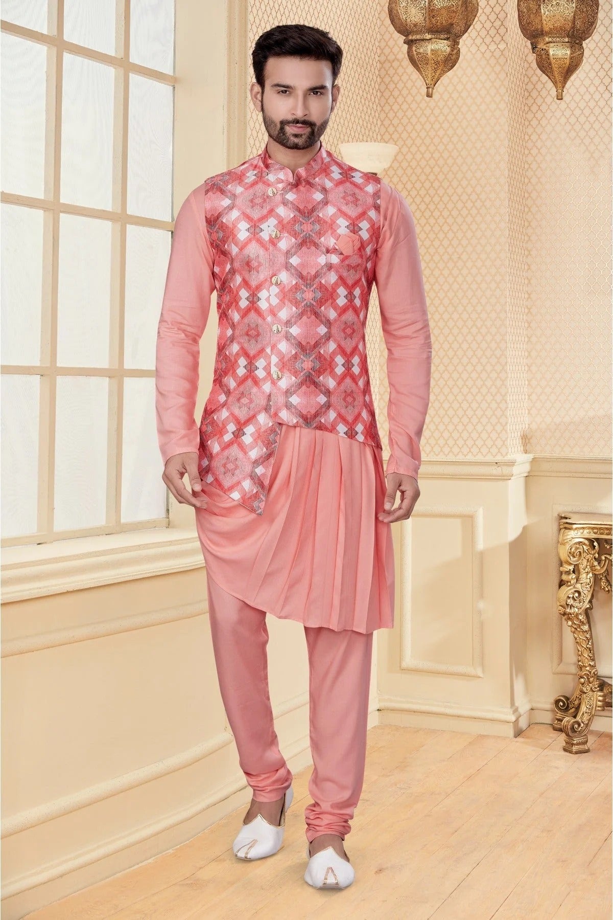 Peach and Pink Colour Kurta Pajama With Jacket In Soft Silk Fabric KP1040177