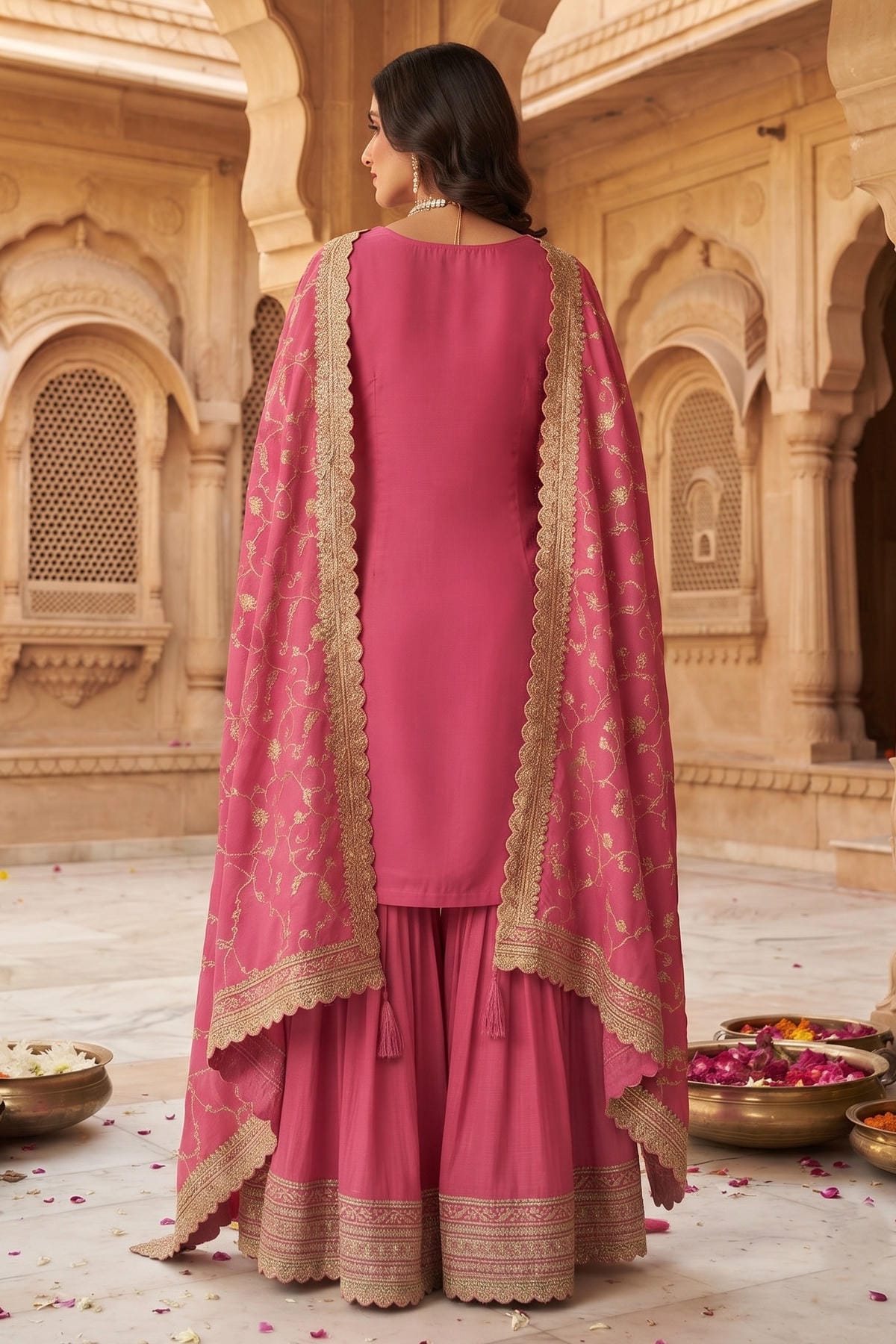 Pink Colour Chinon Embroidery Work Palazzo Pant Suit