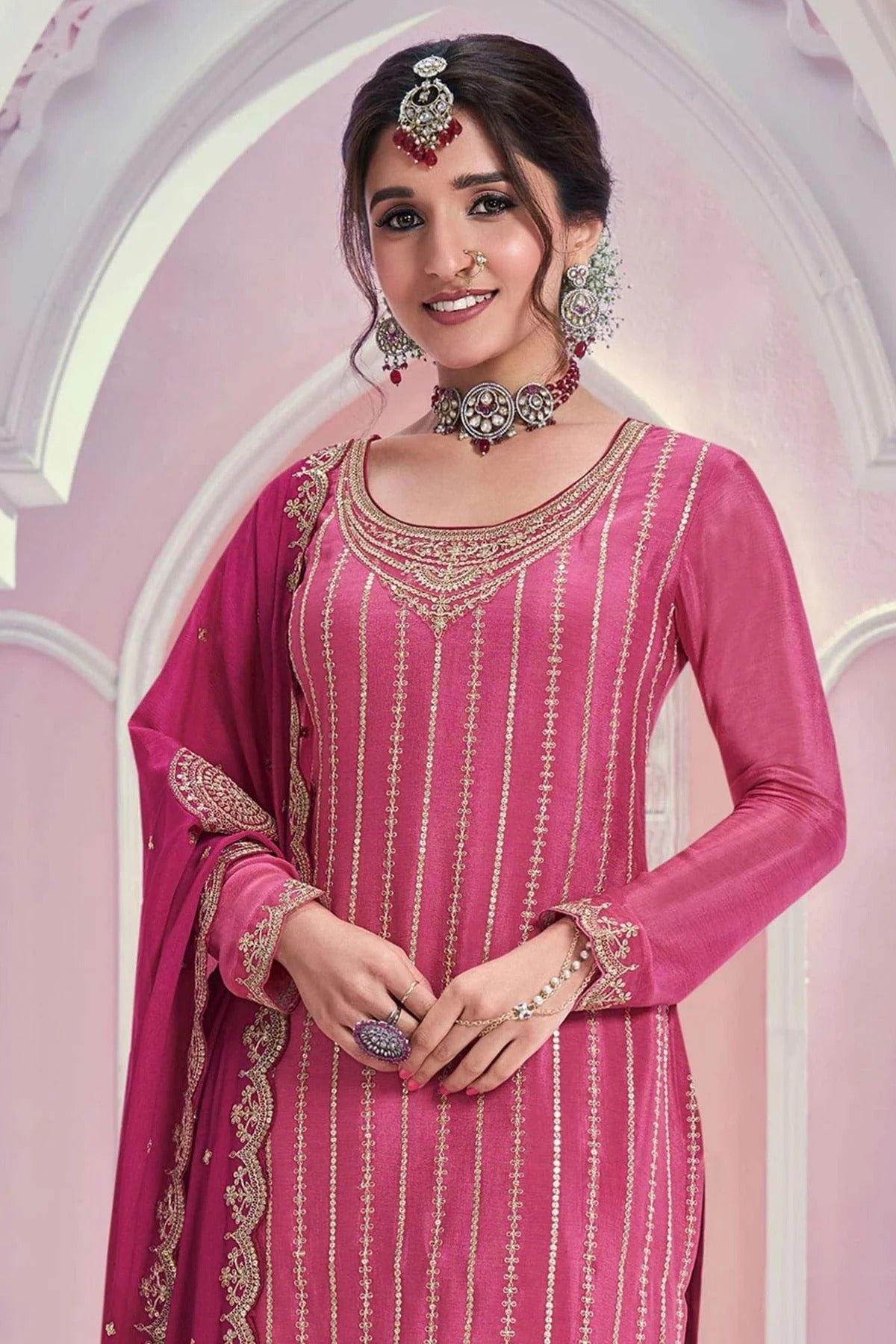 Pink Colour Chinon Palazzo Pant Suit SM1140600 A