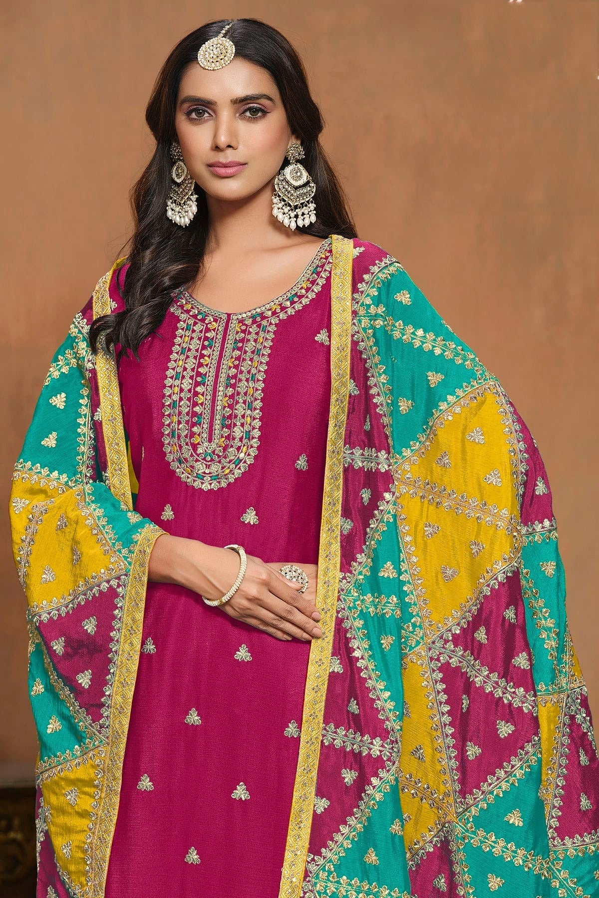 Pink Colour Chinon Semi Stitched Pant Style Suit SM1050594 A