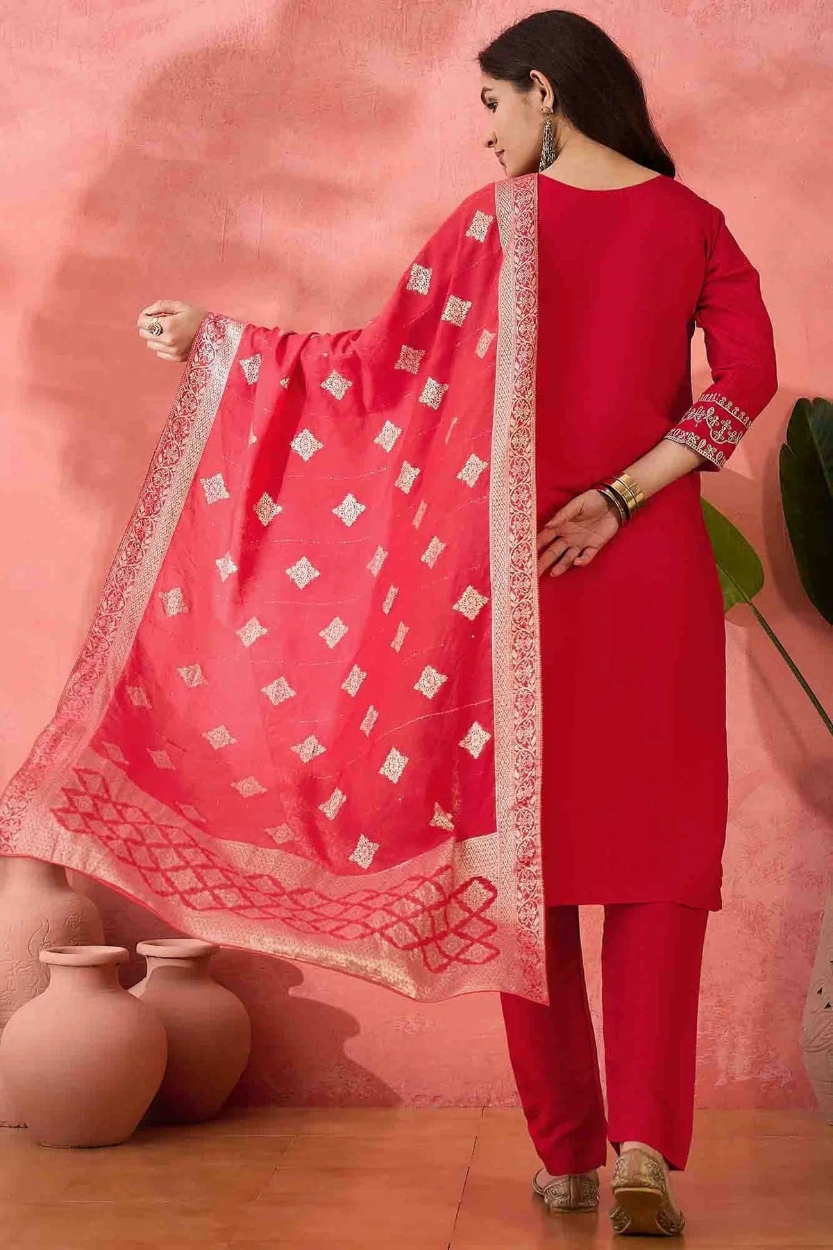 Pink Colour Embroidery Roman Silk Pant Style Suit SS1113516 A