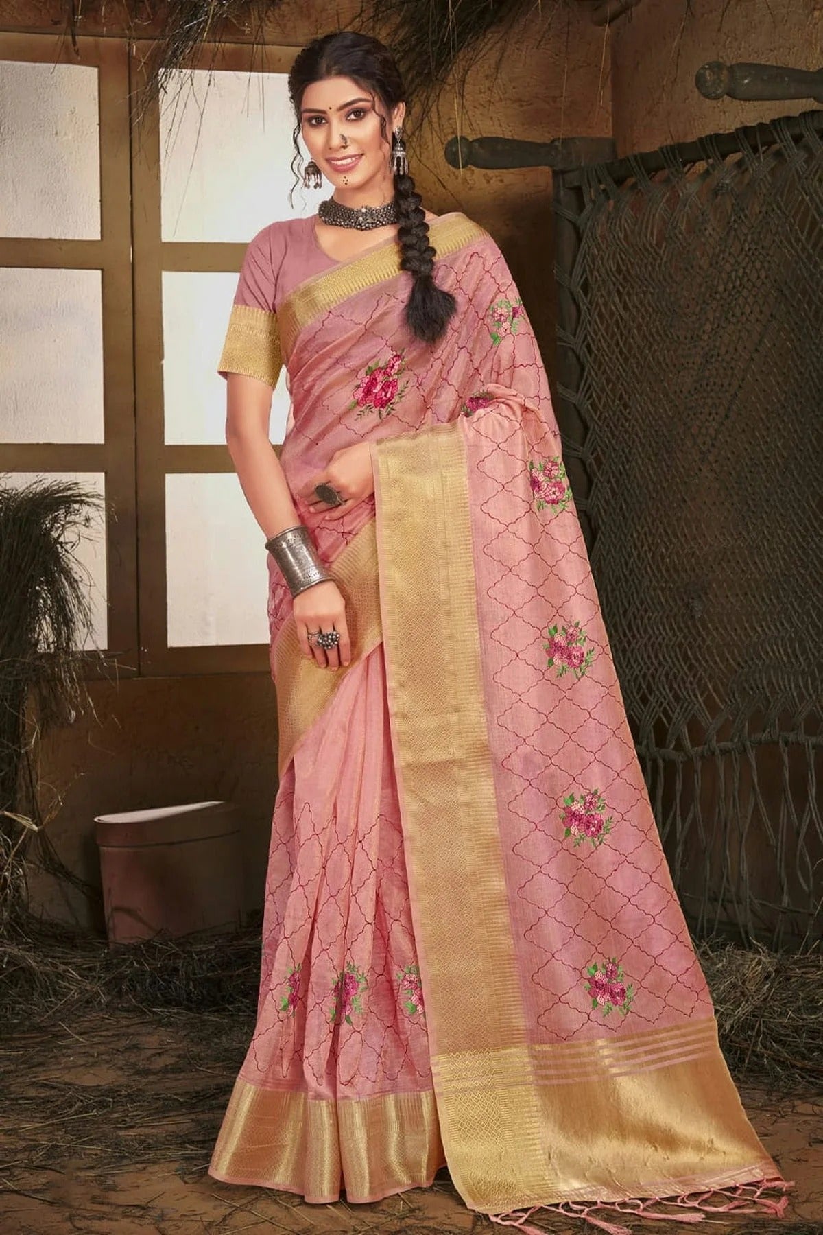Pink Colour Embroidery Work Organza Saree SD1101380