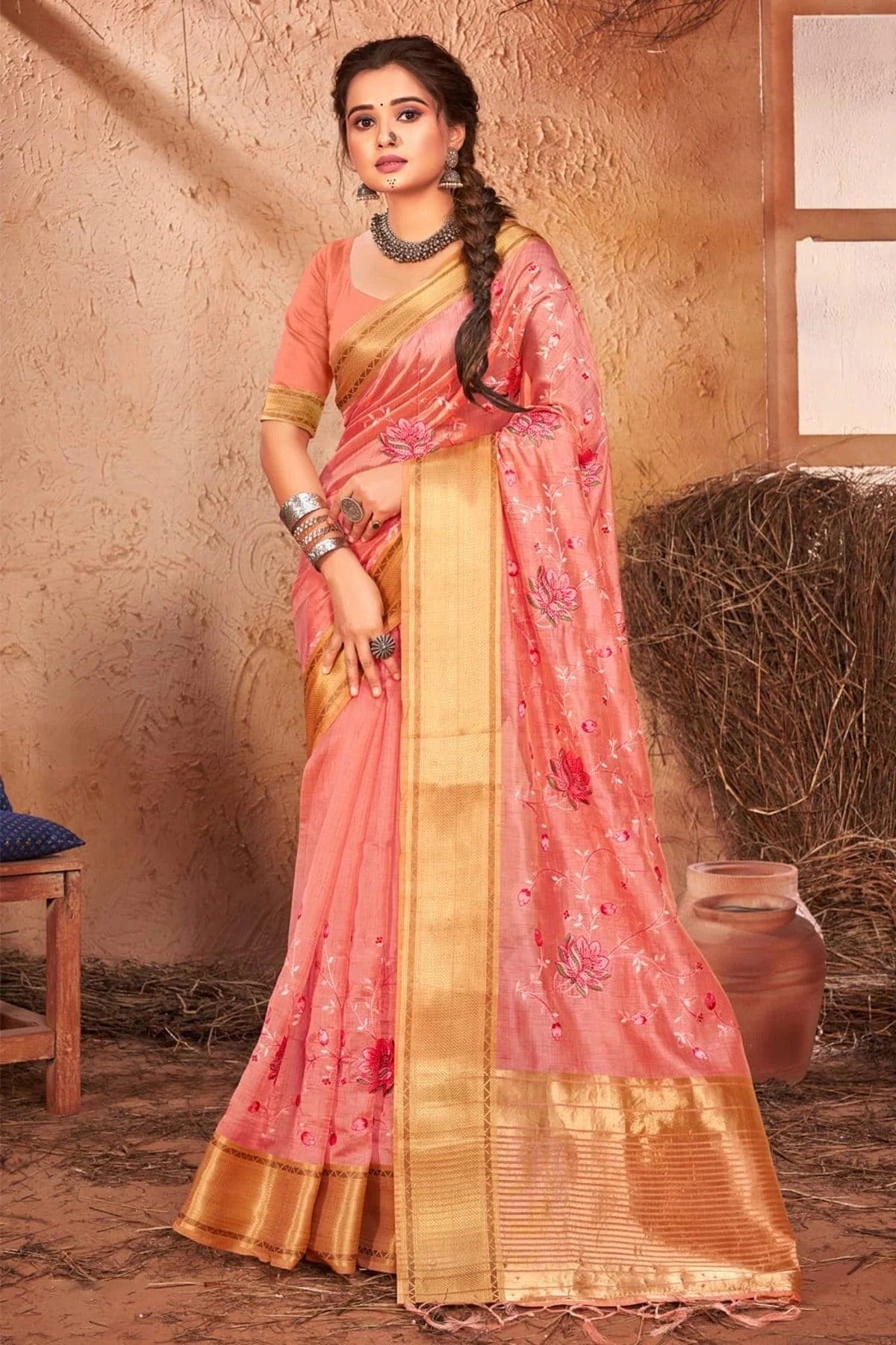 Pink Colour Embroidery Work Organza Saree SD1101385