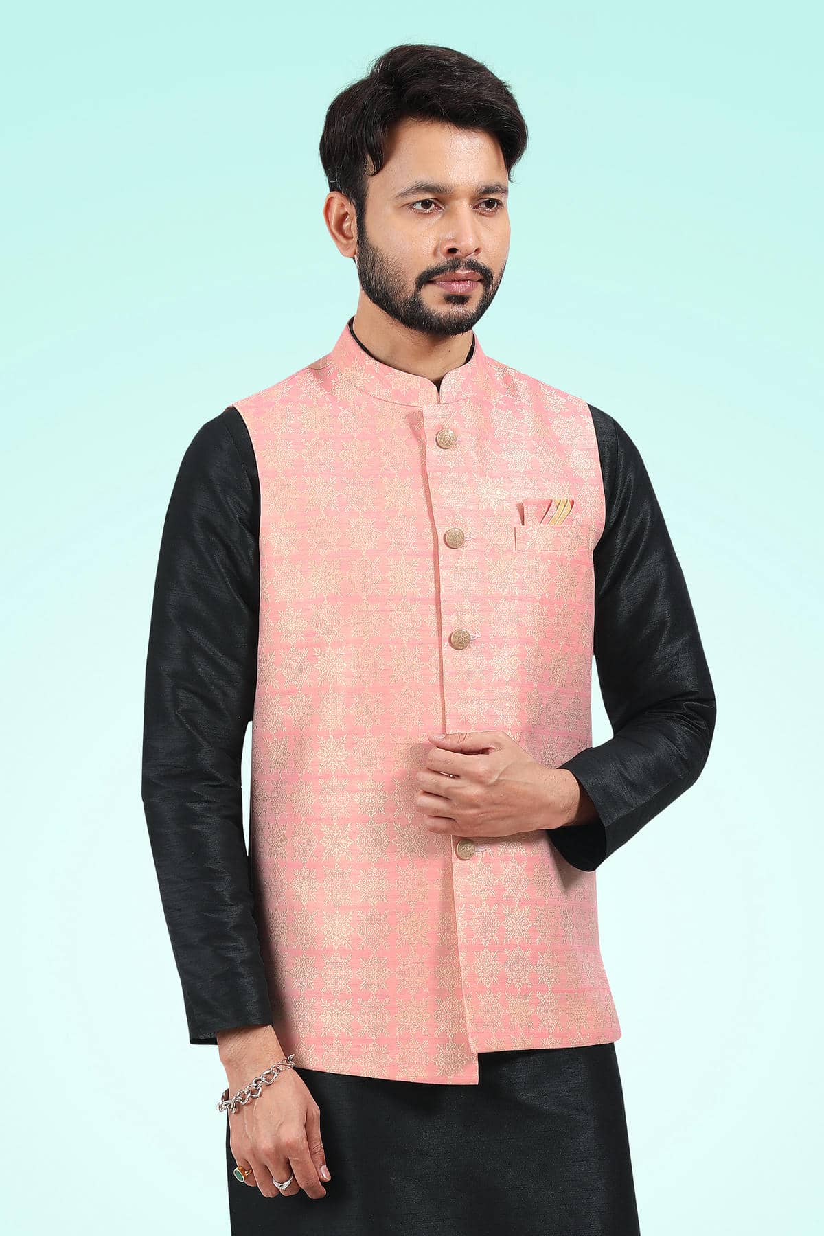 Pink Colour Jacquard Banarasi Silk Woven Work Kurta Pajama With Jacket