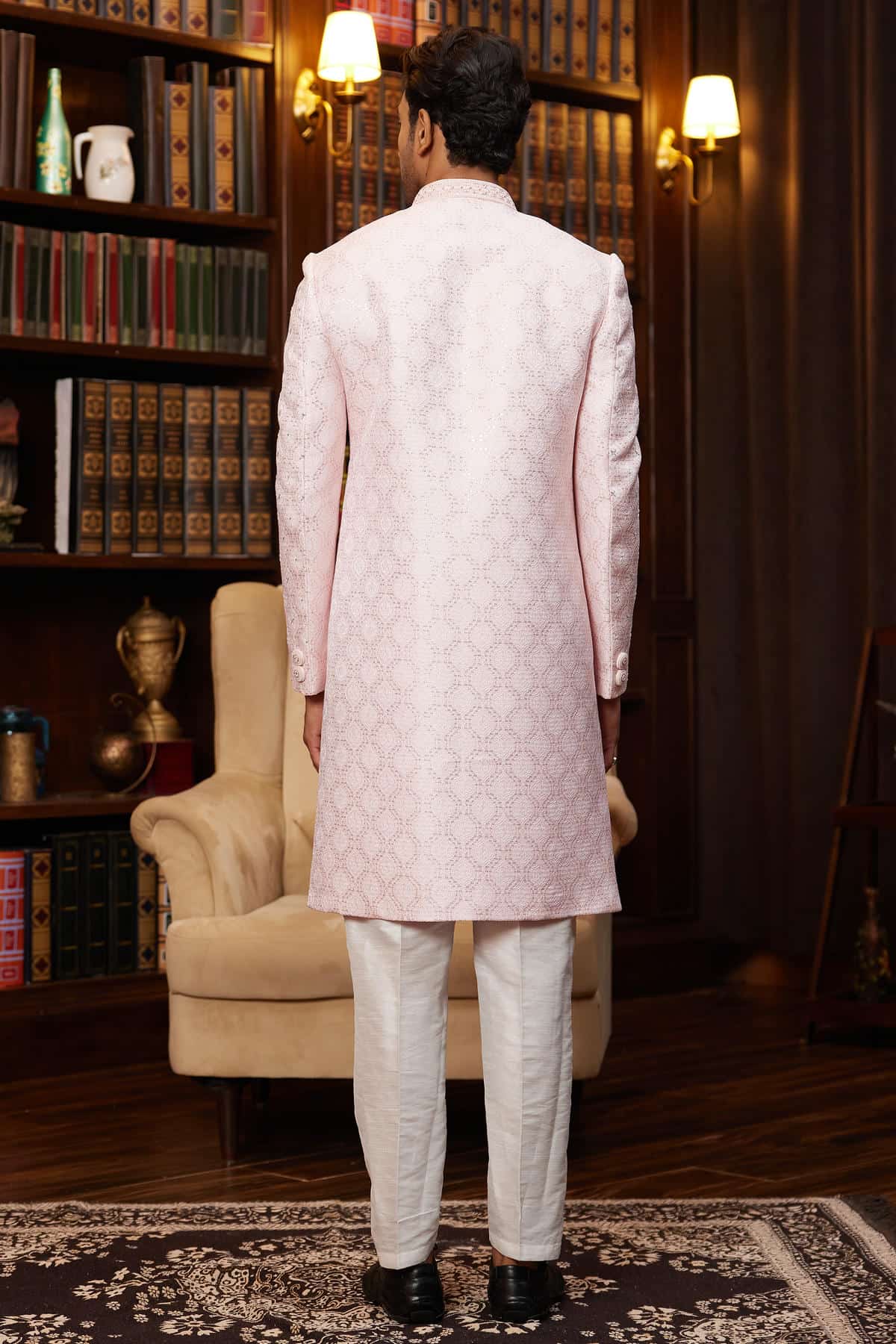 Pink Colour Jacquard Silk Embroidery Work Indo Western