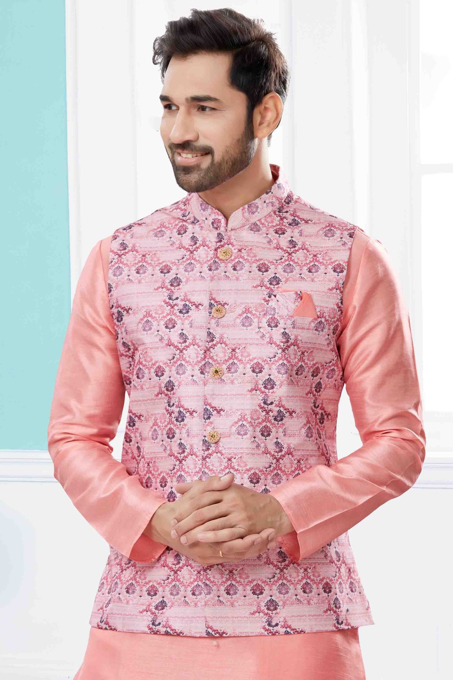 Pink Colour Kurta Pajama With Jacket In Silk Dupion Fabric KP1040452 A