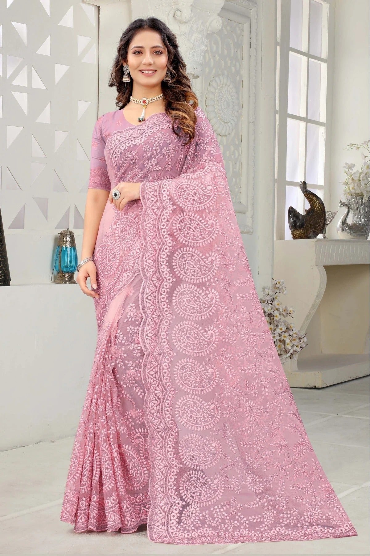 Pink Colour Net Embroidery Saree SD1090232