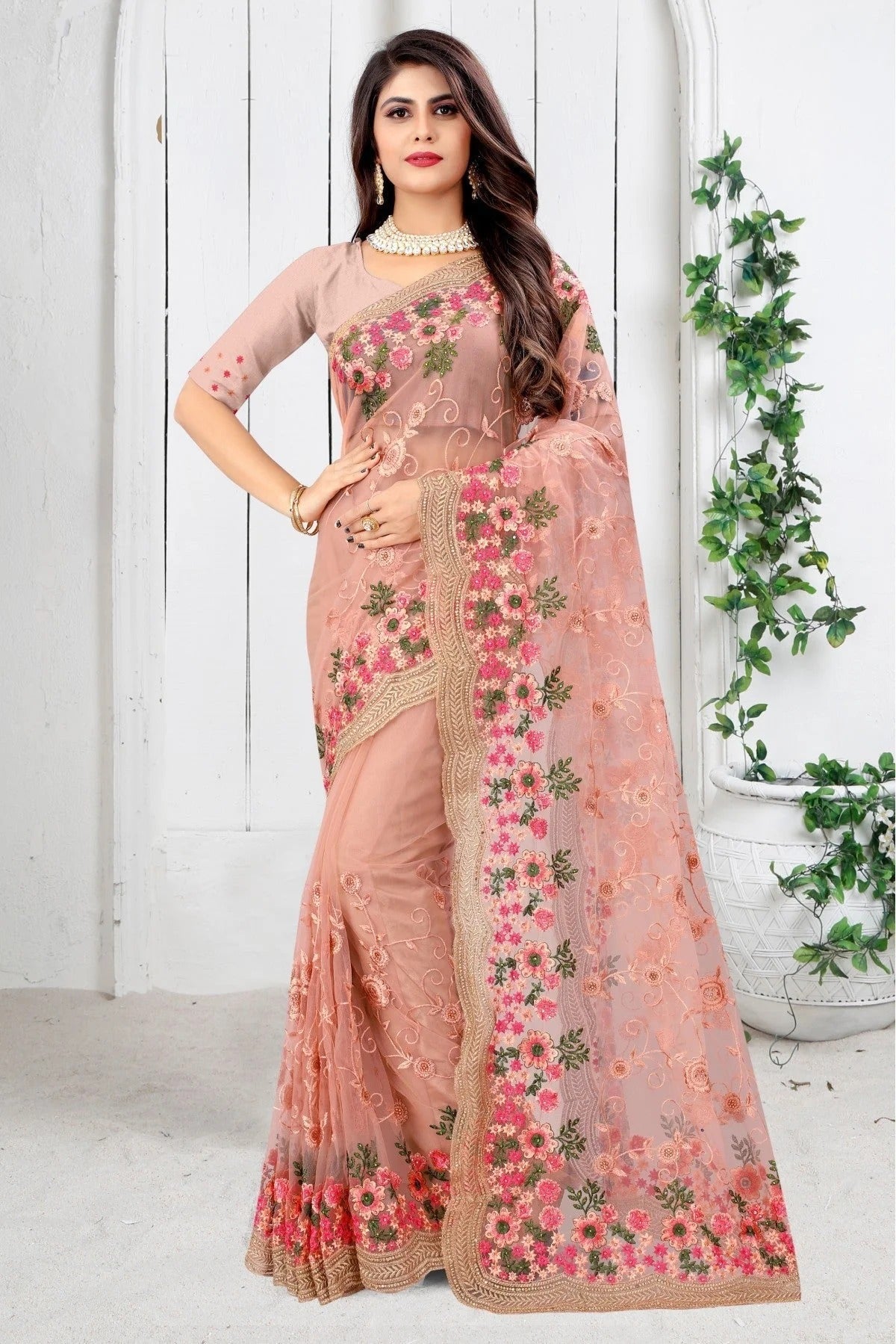Pink Colour Net Embroidery Saree SD1090454