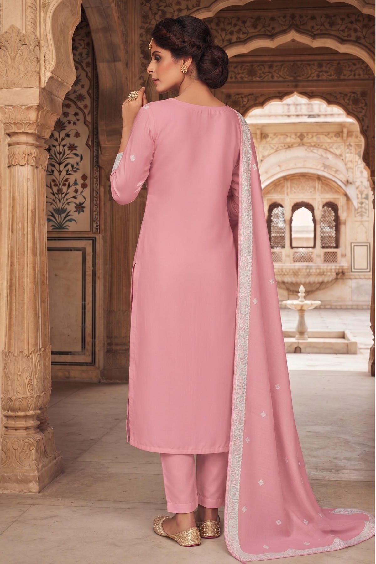 Pink Colour Organza Embroidery Work Pant Style Suit