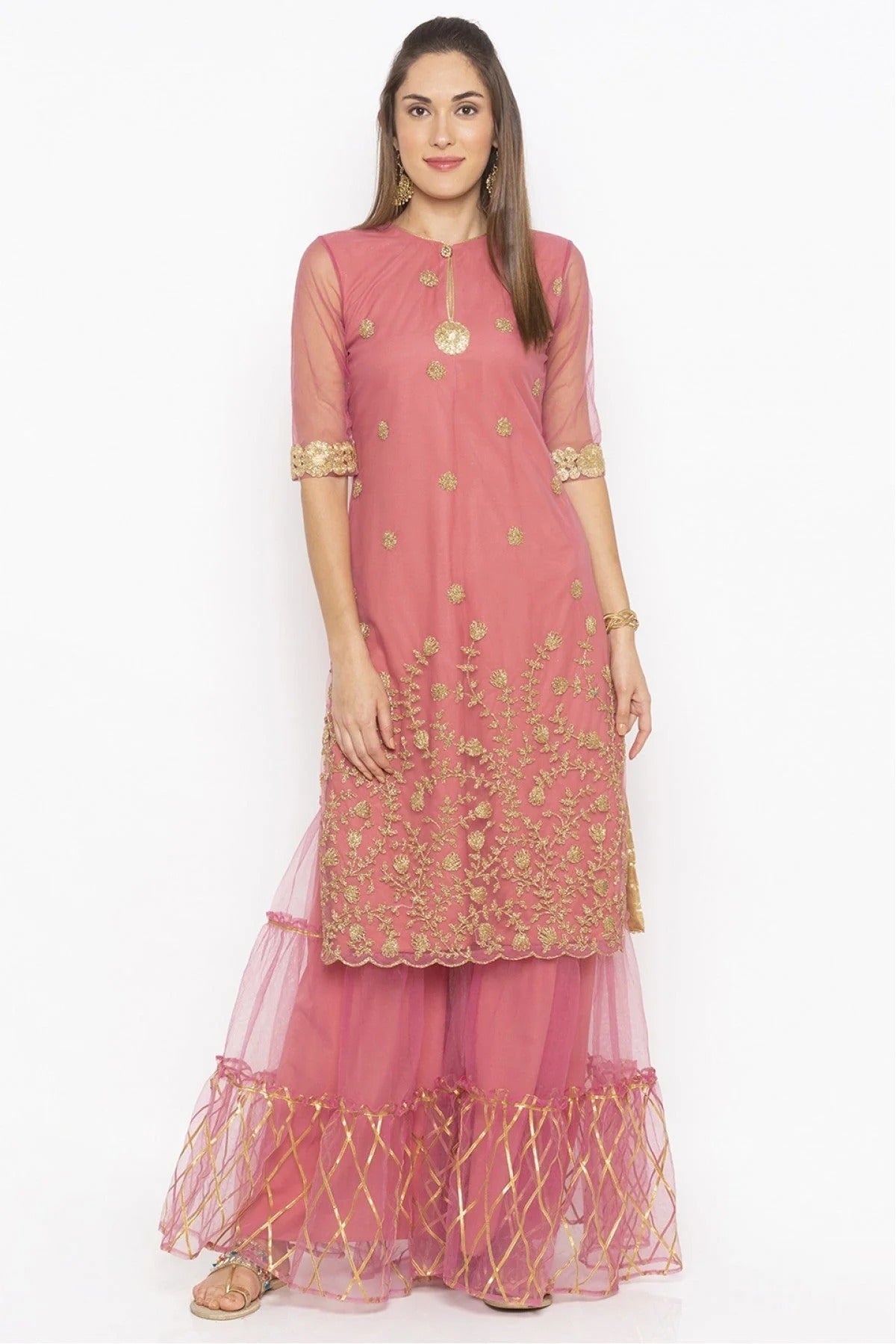 Pink Colour Plus Size Net Embroidery Kurta Set KR1070577