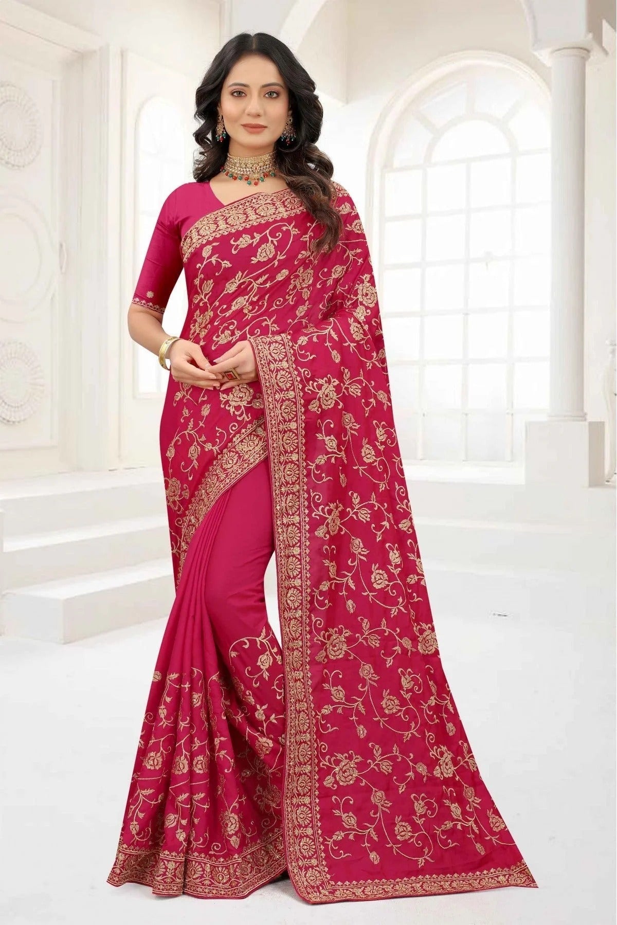 Pink Colour Satin Silk Embroidery Saree SD1090328