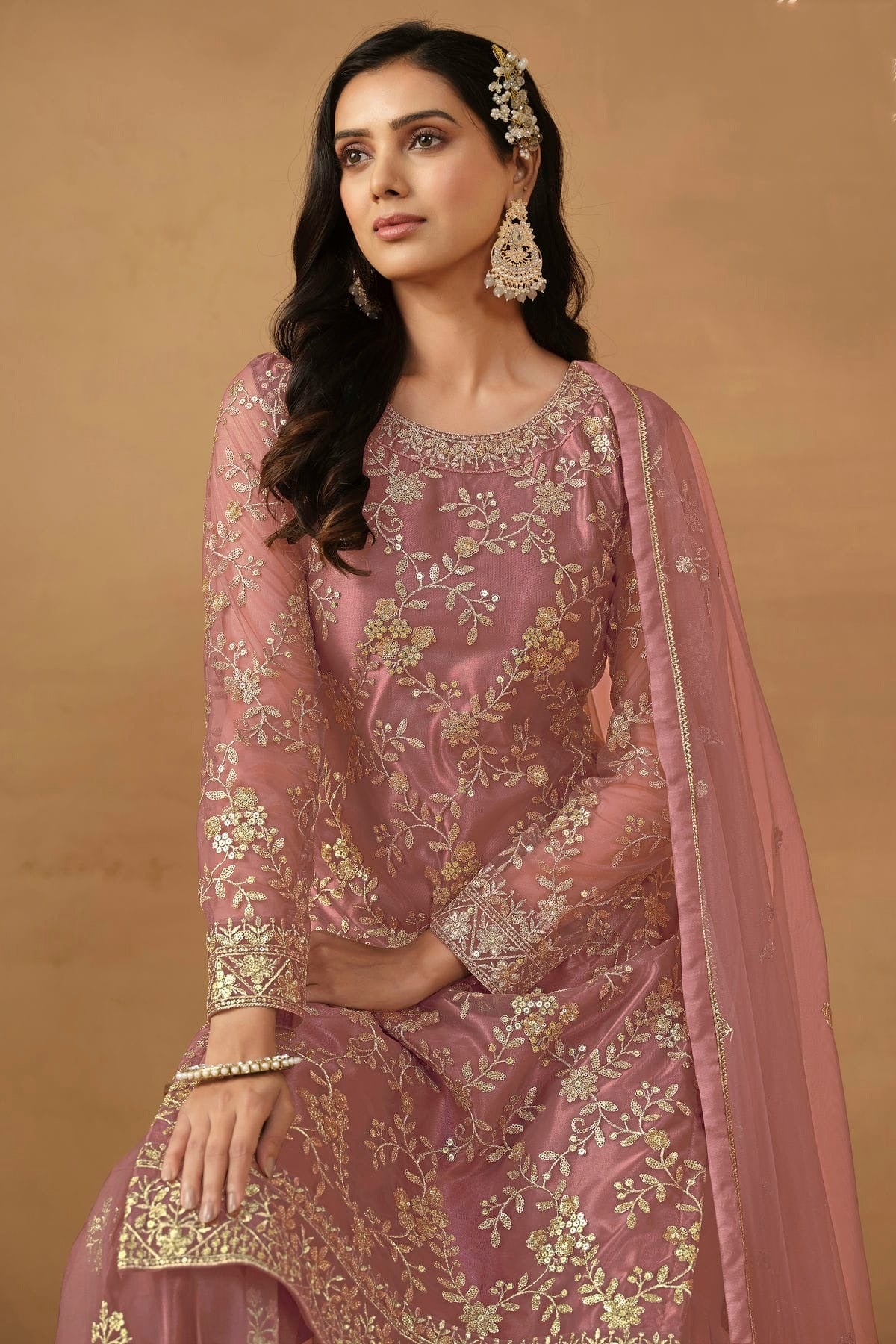 Pink Colour Semi Stitched Net Sharara Suit SM1050457 A