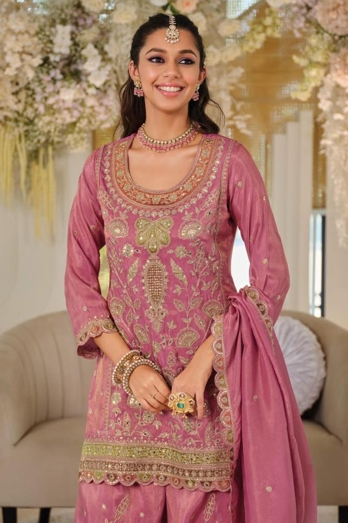 Pink Colour Silk Embroidery Work Palazzo Pant Suit