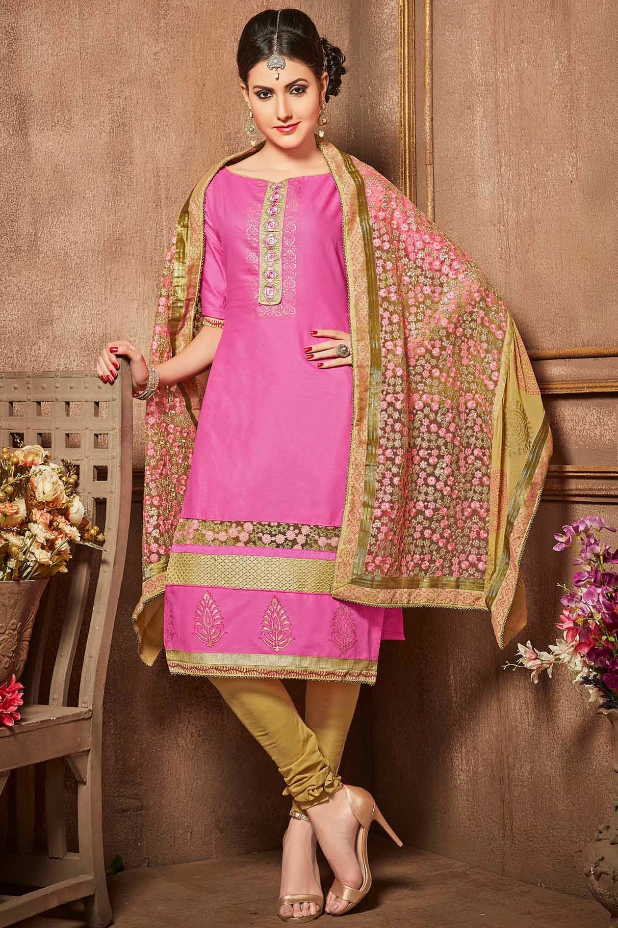 Pink Colour Unstitched Glaze Cotton Churidar Suit US1161191