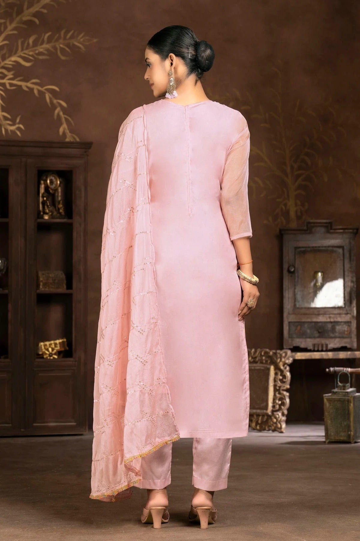 Pink Colour Unstitched Organza Pant Style Suit US1161337 A