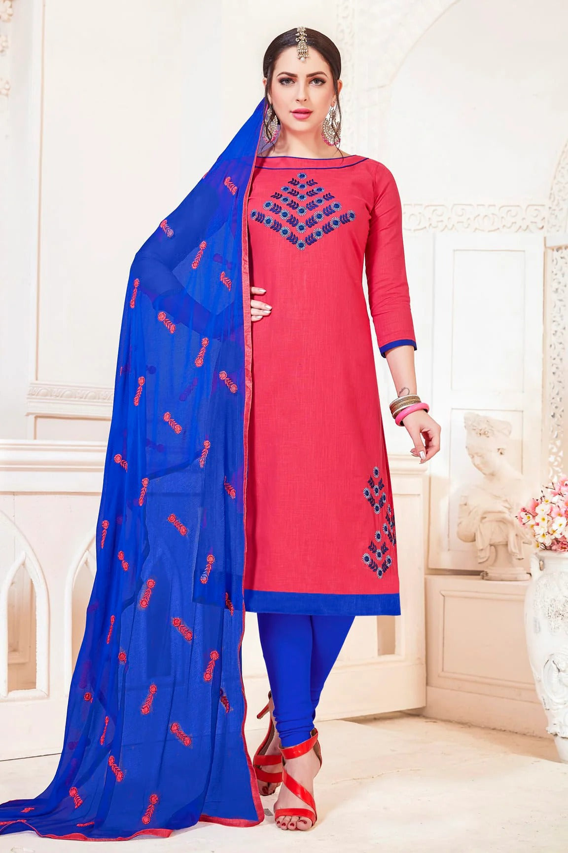Pink Colour Unstitched South Cotton Slub Churidar Suit US1161120