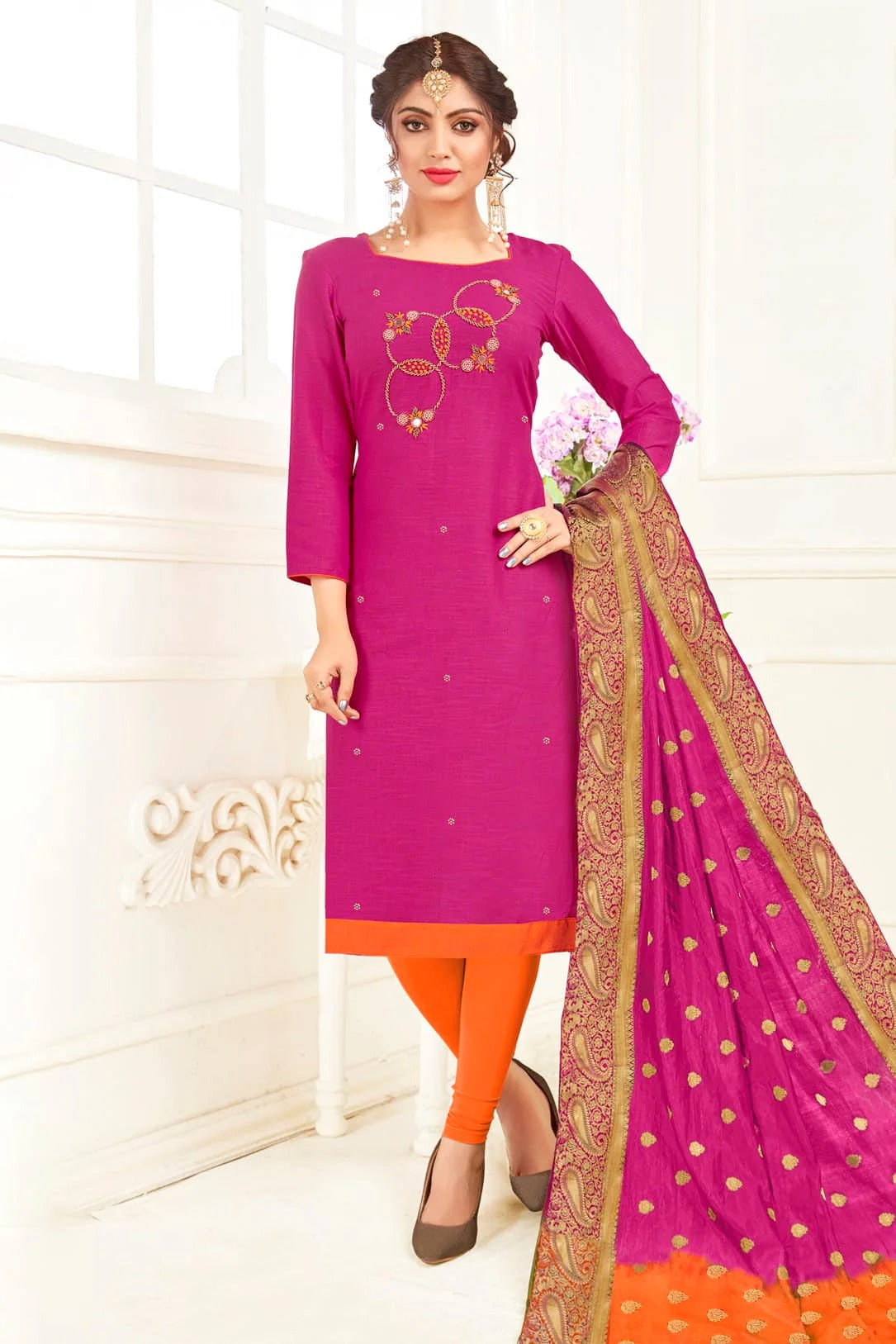 Pink Colour Unstitched South Slub Cotton Straight Suit US1161150