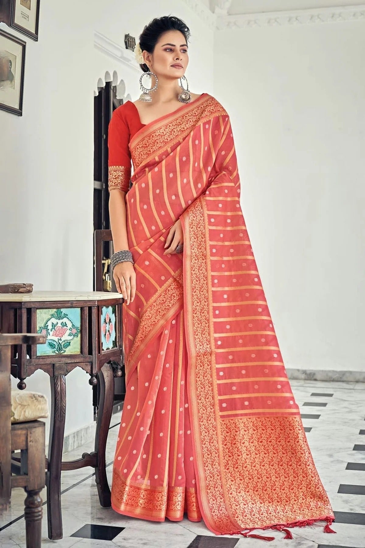 Pink Colour Woven Work Organza Saree SD1101341
