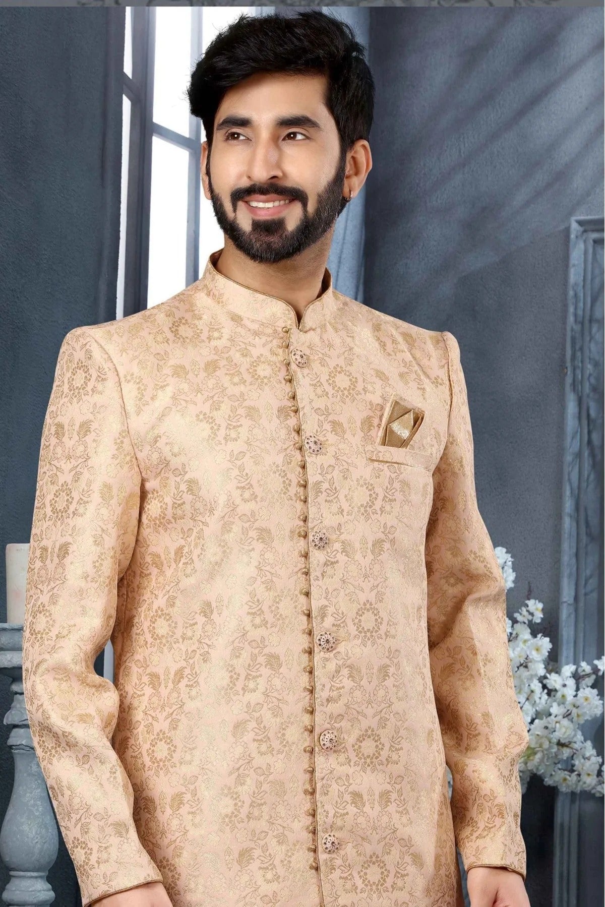 Pink and Cream Colour Jacquard Woven Sherwani SH1040319 A