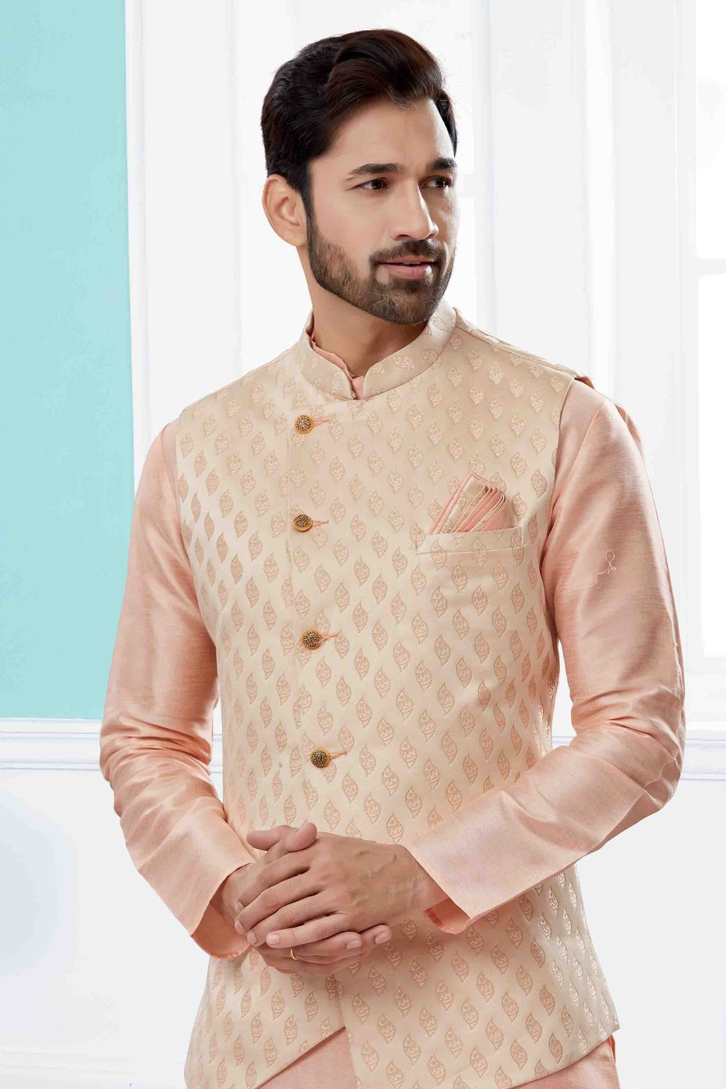 Pink and Cream Colour Kurta Pajama With Jacket In Silk Dupion Fabric KP1040456 A