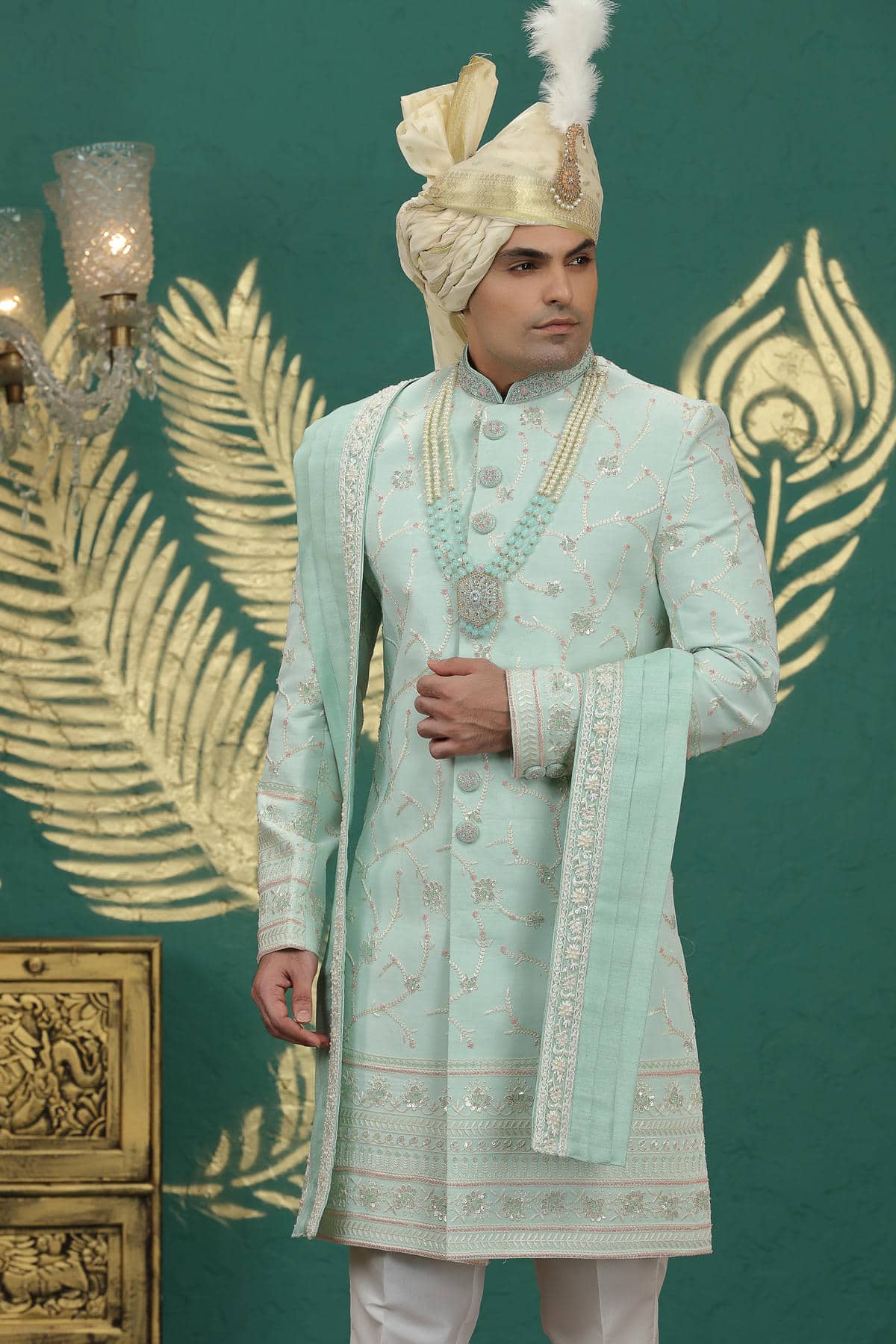 Pista Green Colour Art Silk Embroidery Sherwani