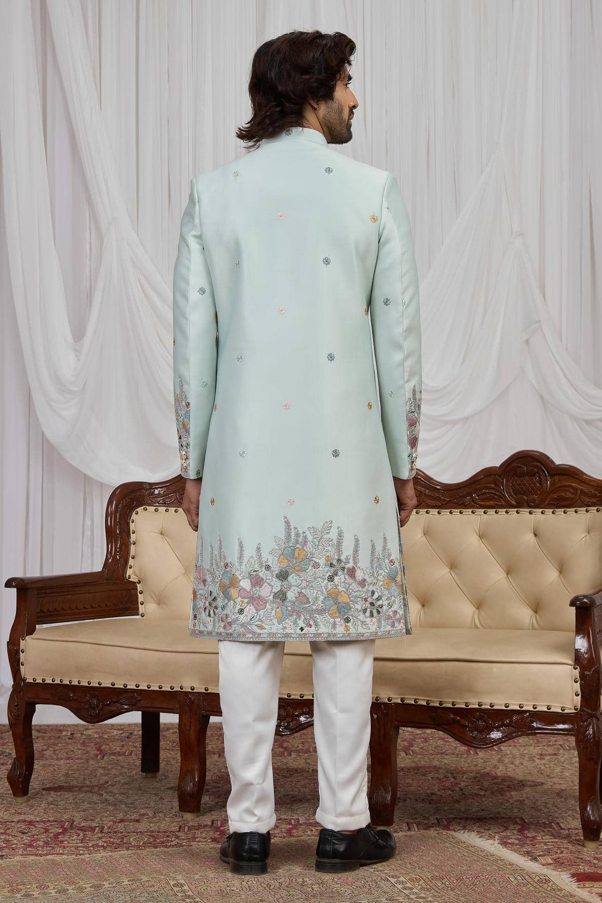Pista Green Colour Art Silk Embroidery Work Indo Western Sherwani SH1230595