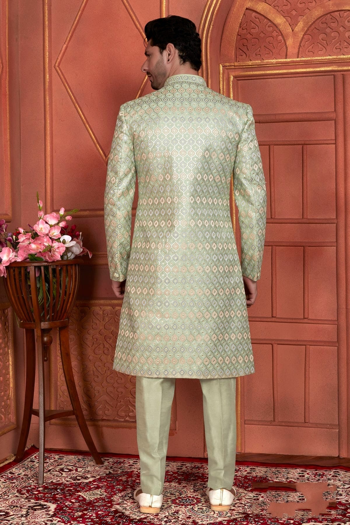 Pista Green Colour Art Silk Indowestern Sherwani With Aligadhi Pant SH1230005 B