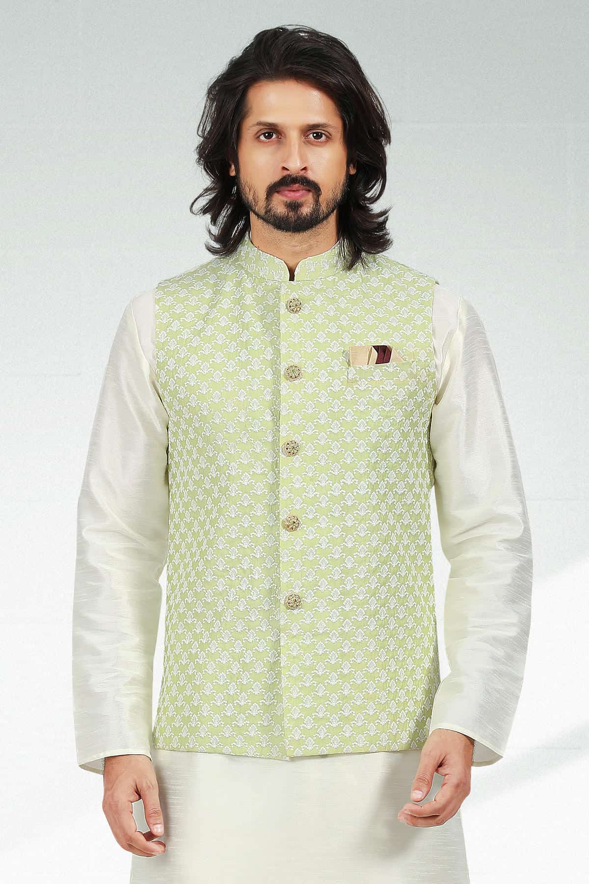 Pista Green Colour Art Silk Thread Work Kurta Pajama With Jacket