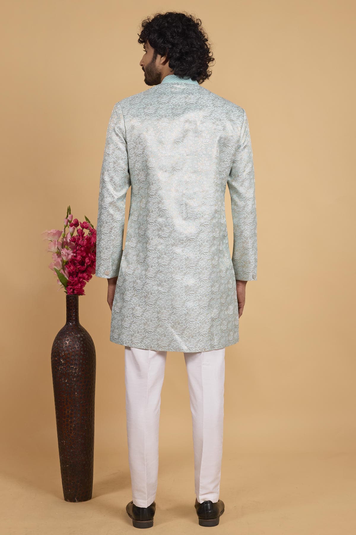 Pista Green Colour Banarasi Jacquard Pintux Work Semi Indo Western Sherwani