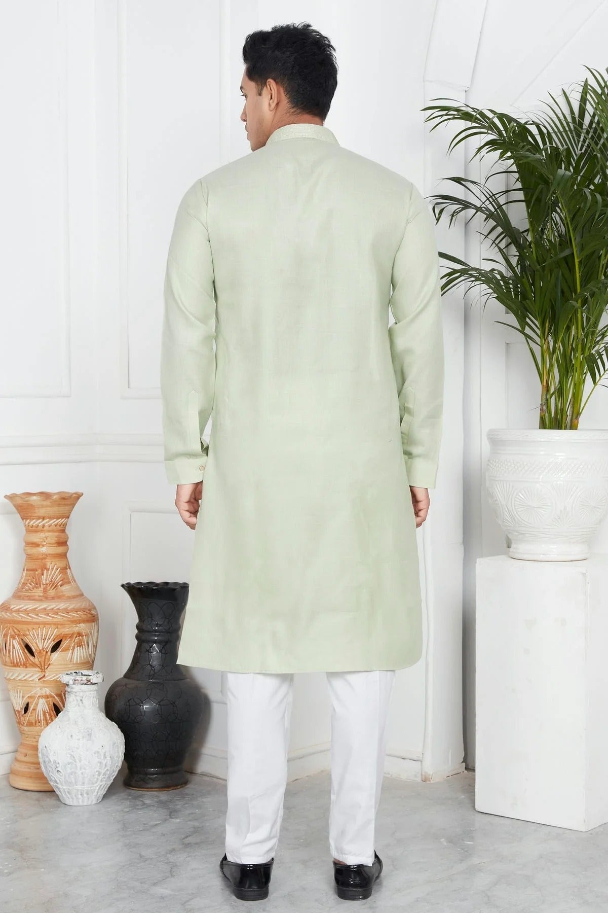 Pista Green Colour Linen Cotton Pintex Work Kurta Pajama KP1230123 B