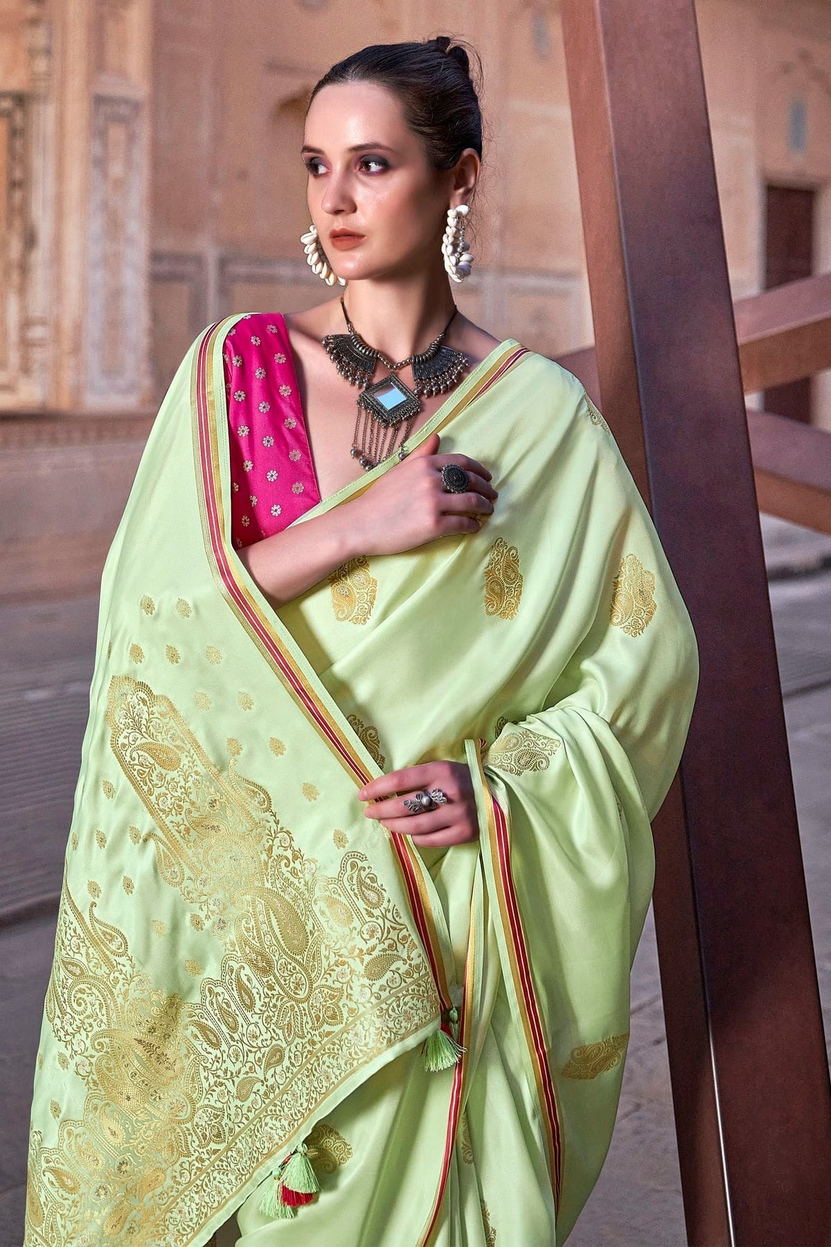 Pista Green Colour Satin Silk Saree SD1110188 A