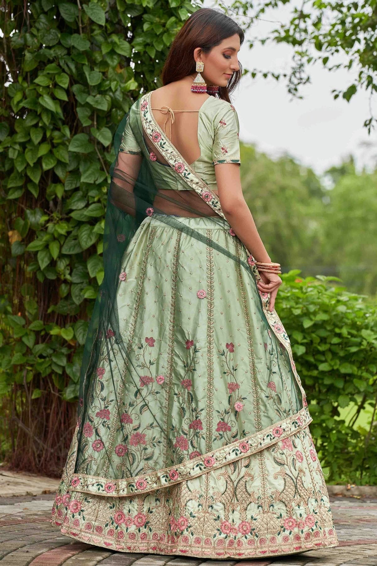Pista Green Colour Satin Silk Semi Stitched Lehenga Choli LC1170075 B