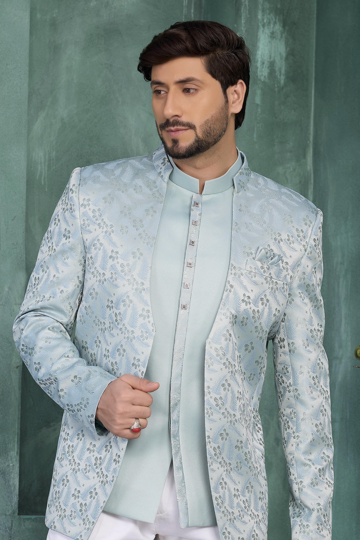 Pista Green Colour Thread Work Embroidery Jacquard Silk Jodhpuri