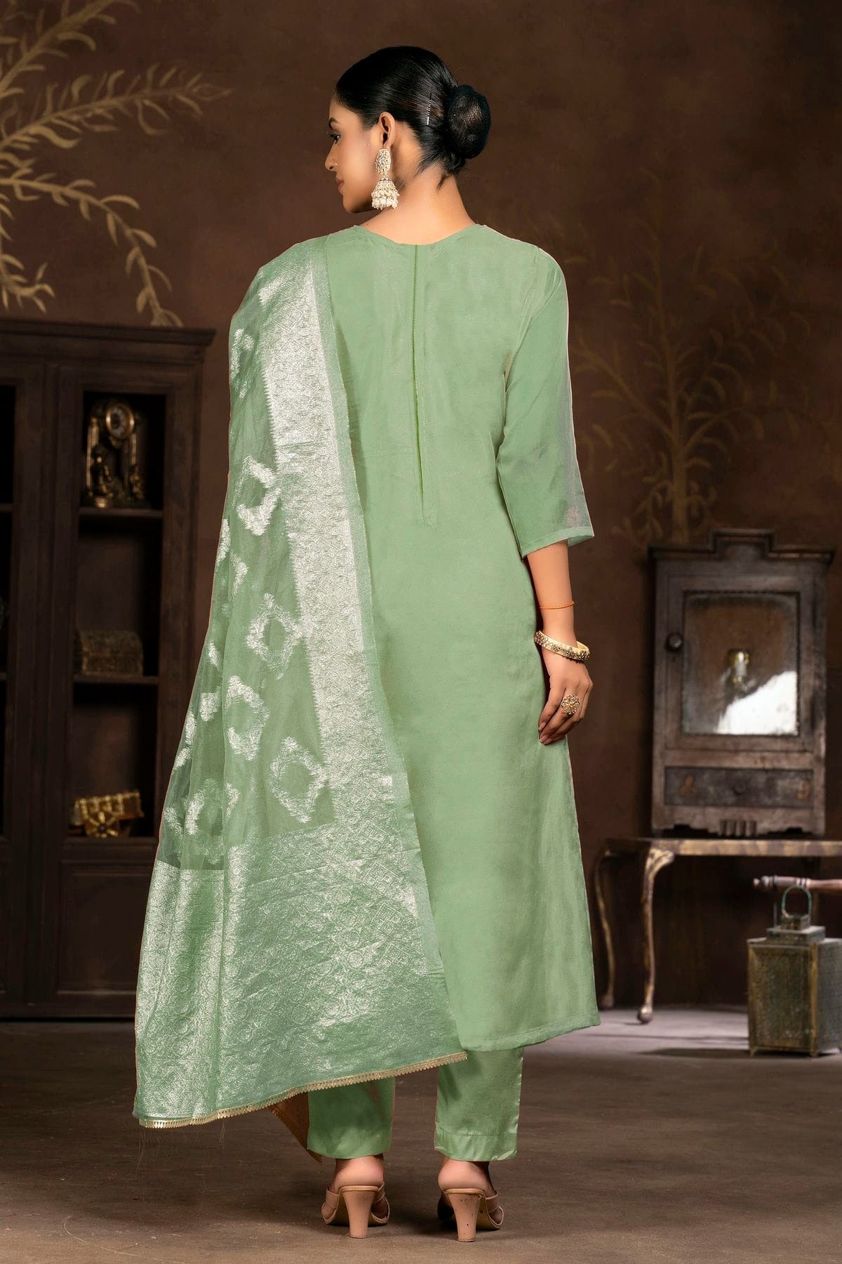 Pista Green Colour Unstitched Organza Pant Style Suit US1161341 A