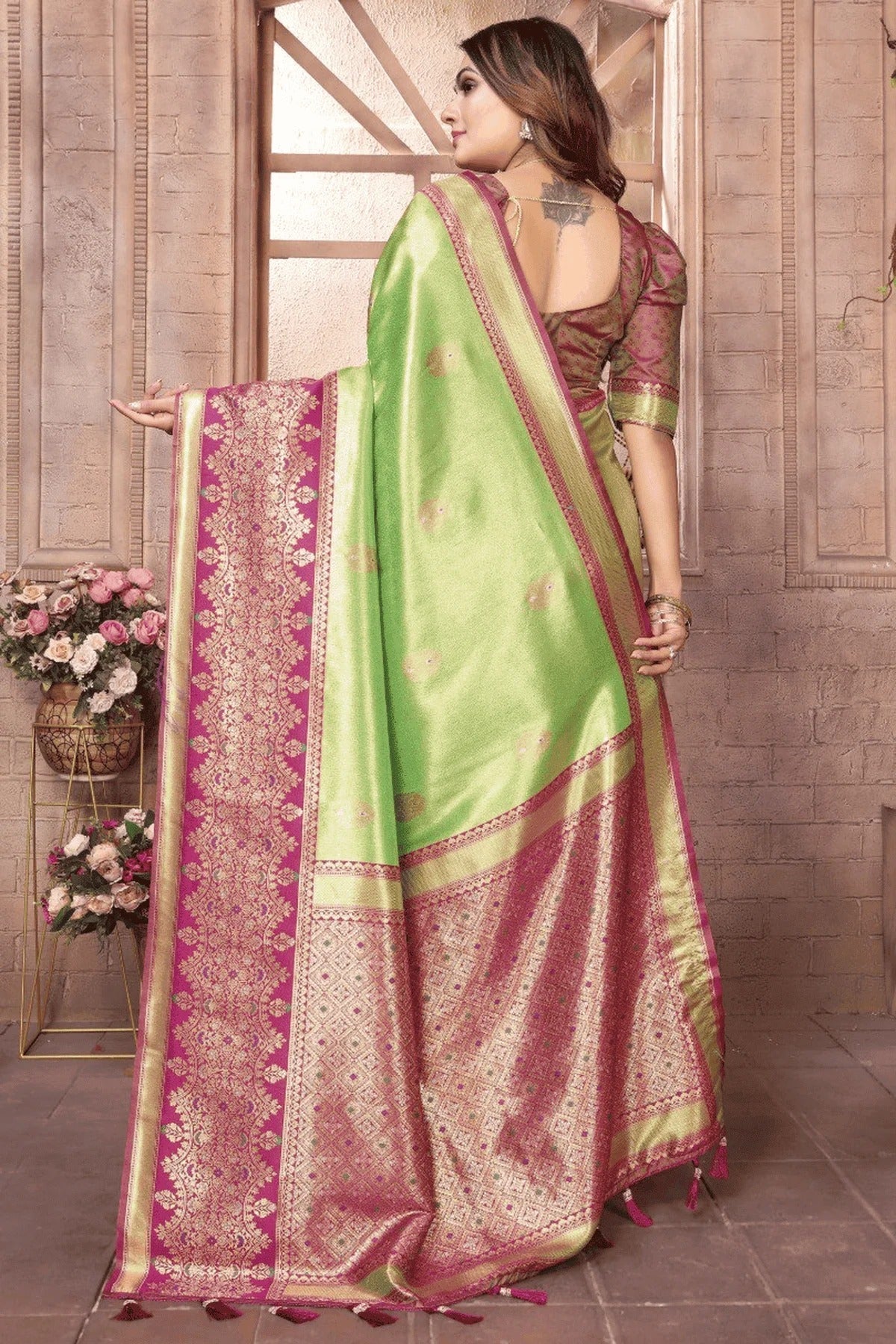 Pista Green Colour Woven Work Pure Banarasi Tissue Silk Traditional Saree SD1250286 B