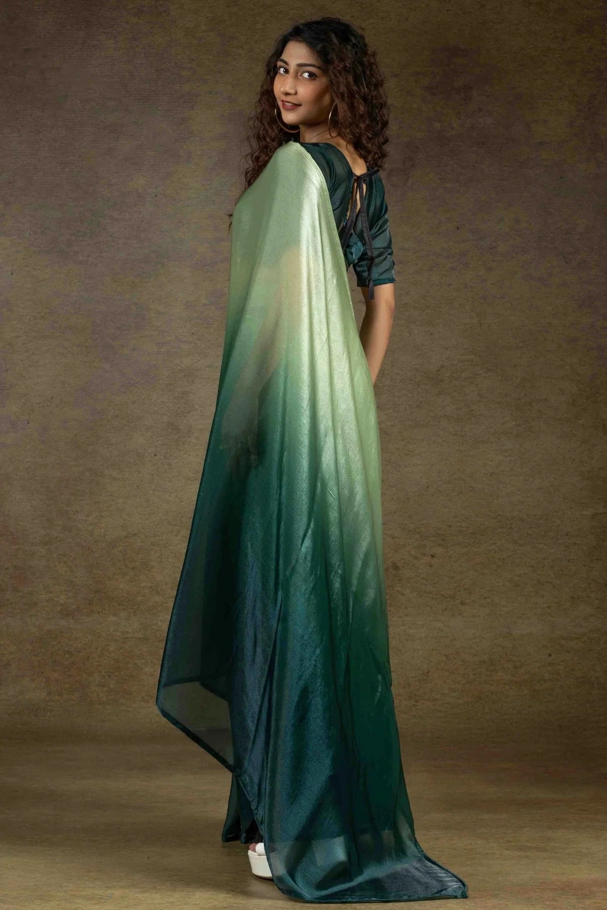 Pista Green and Teal Colour Fendi Satin Silk Ready To Wear Saree SD1122018 A