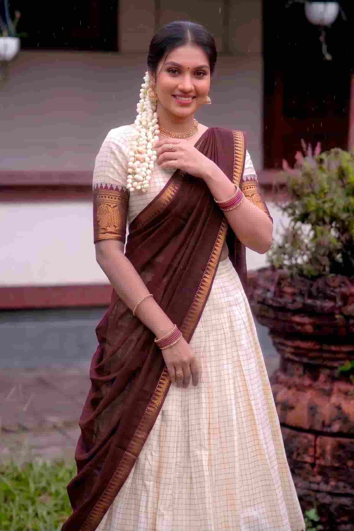 Poly Cotton Zari Woven Work Stitched Lehenga Choli In Brown Colour