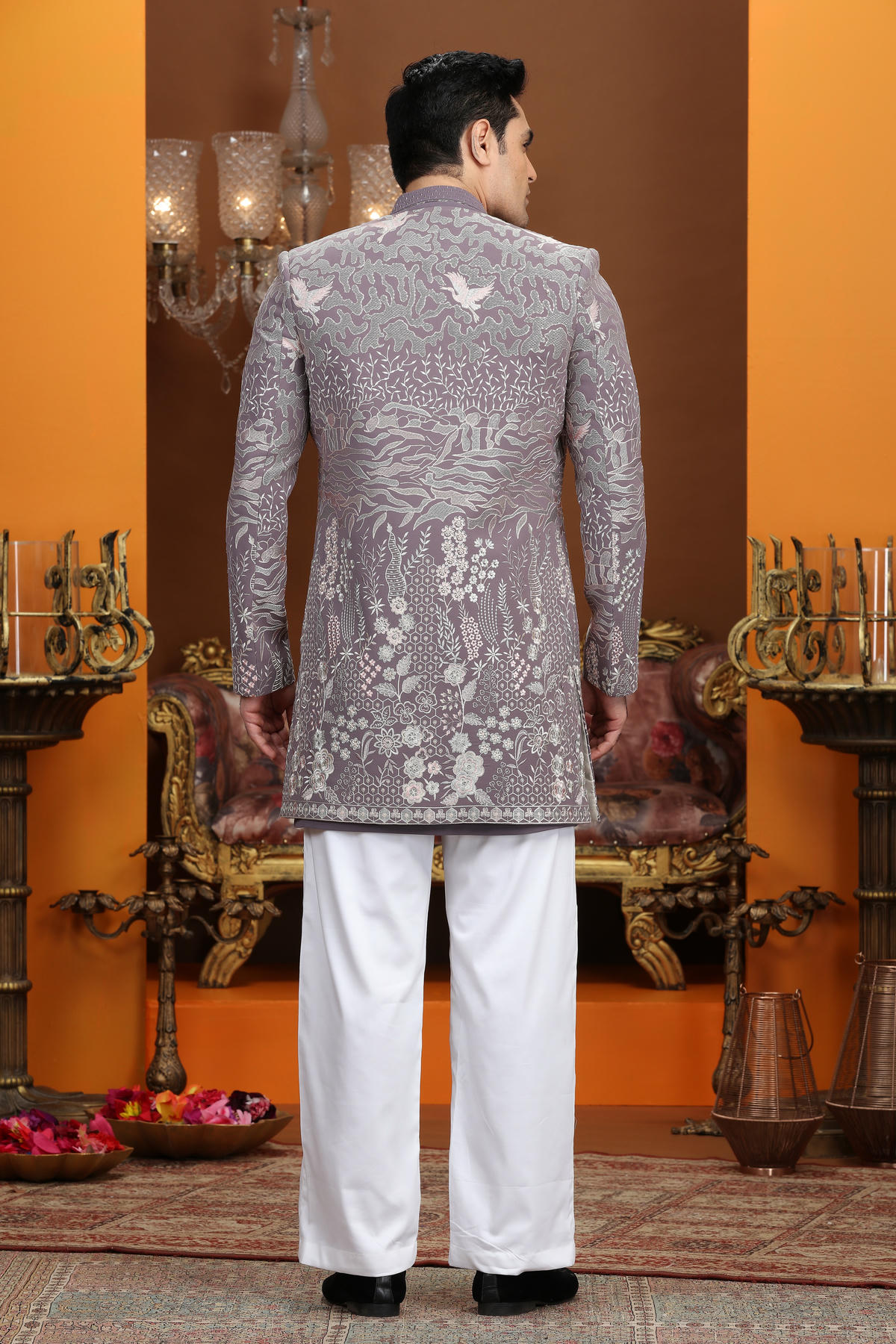 Purple Colour Art Silk Embroidery Work 3 Pcs Jacket Set Sherwani