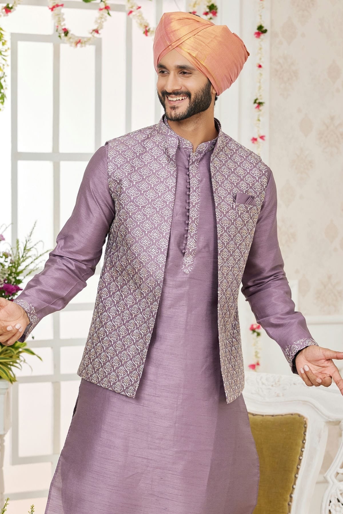 Purple Colour Art Silk Kurta Pajama With Jacket KP1230270 B