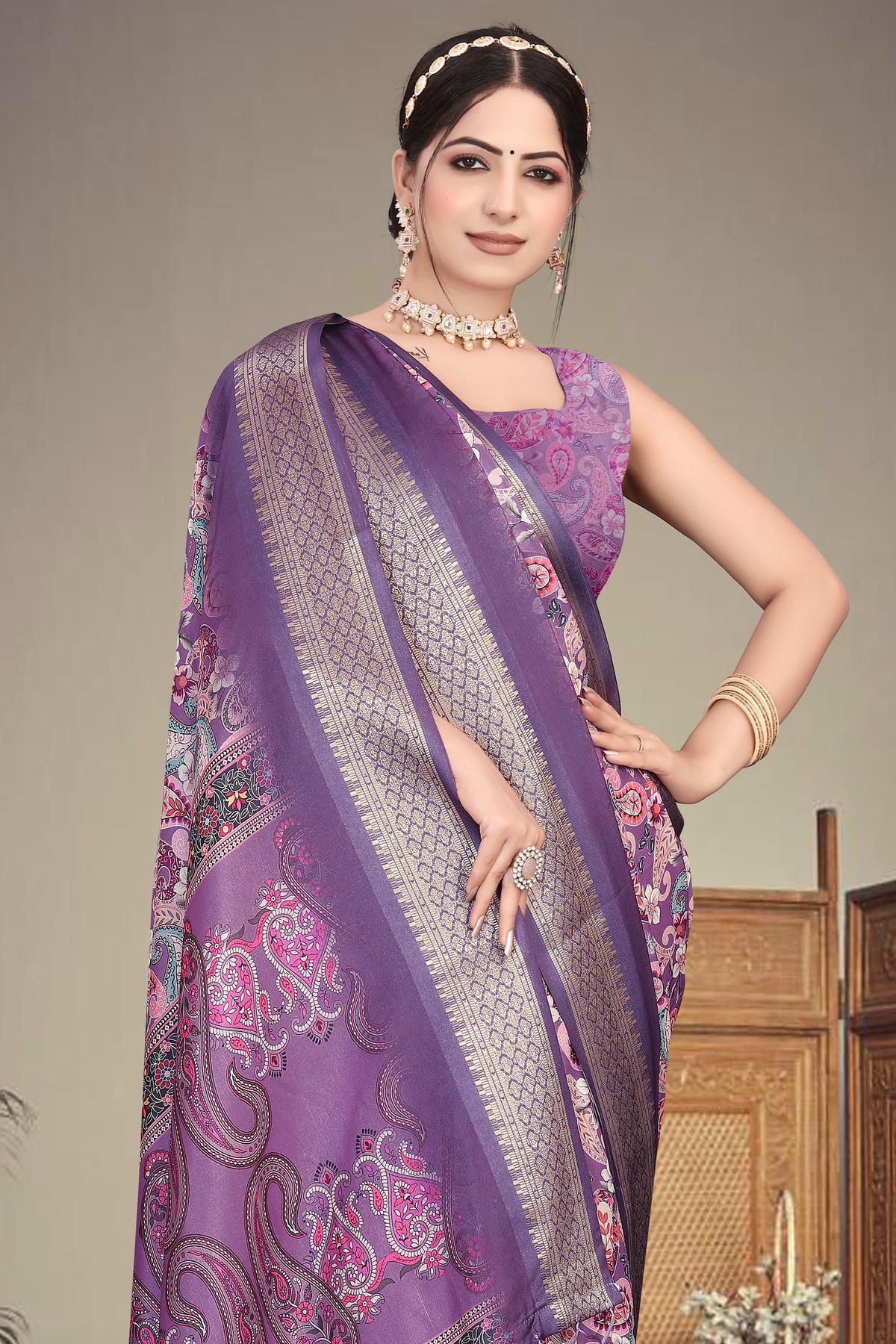 Purple Colour Cotton Silk Printed Saree