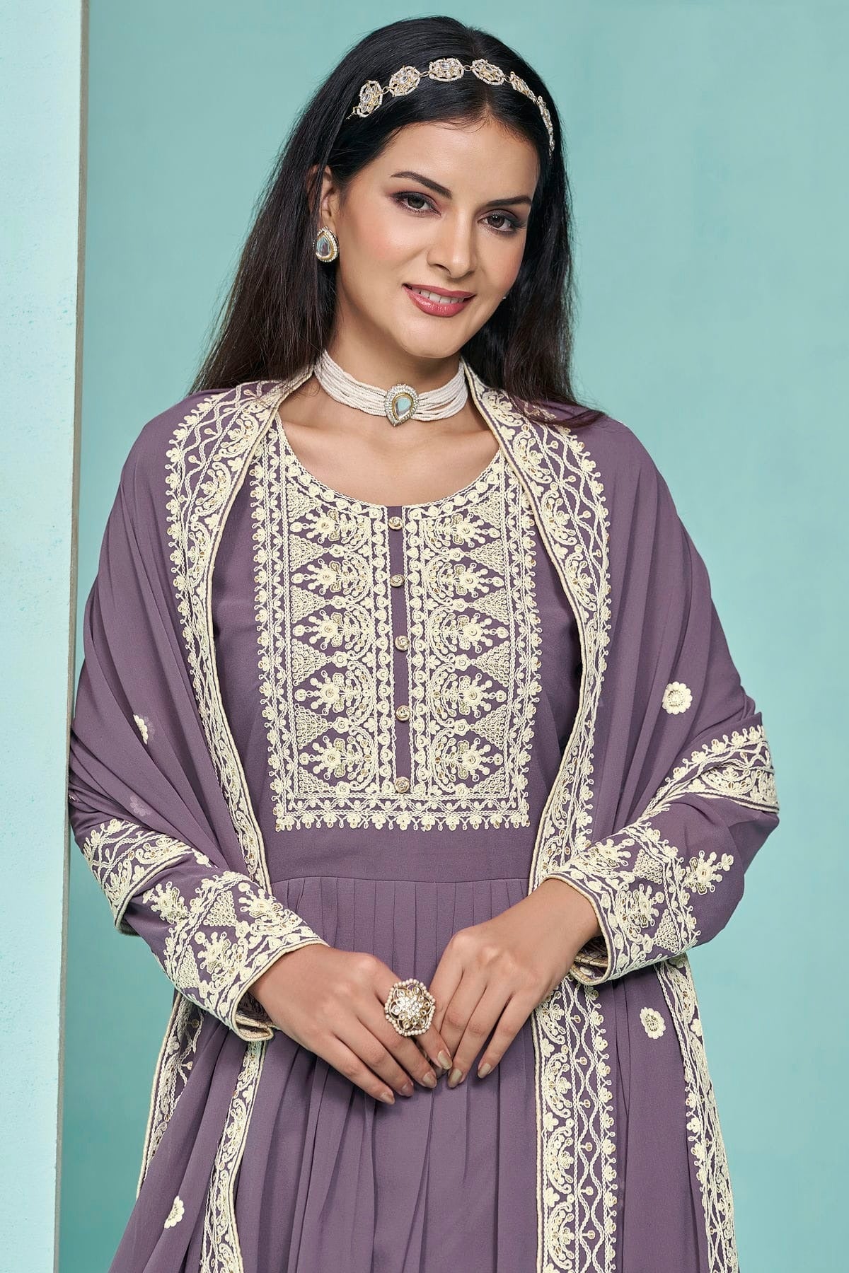 Purple Colour Faux Georgette Palazzo Pant Suit SM1050561 A