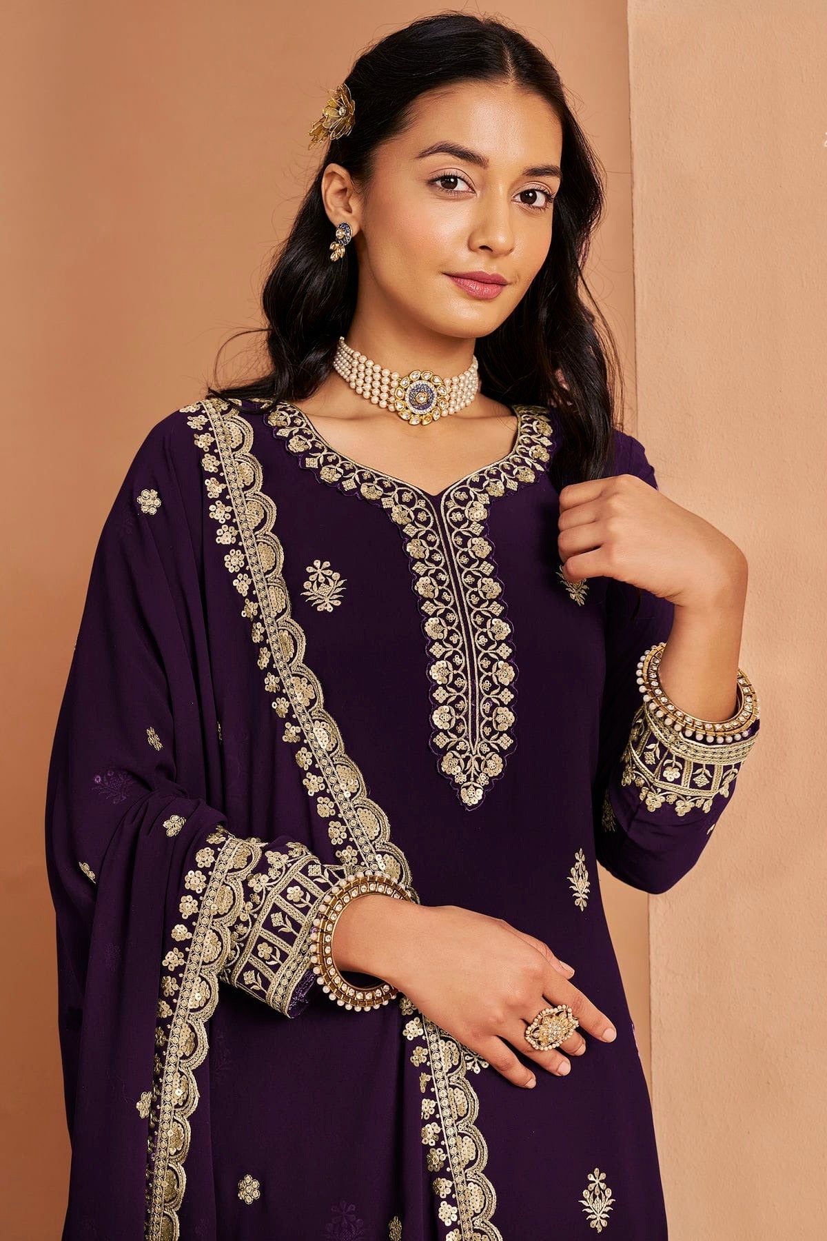Purple Colour Faux Georgette Palazzo Pant Suit SM1050678 B