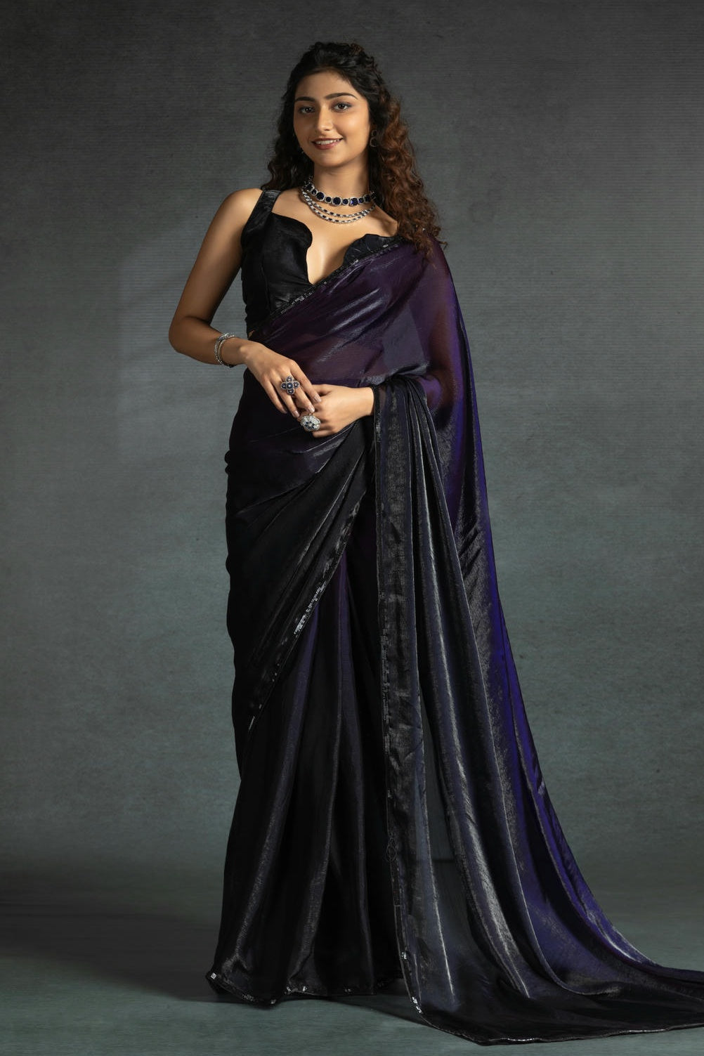 Purple Colour Fendi Satin Silk Ready To Wear Saree
