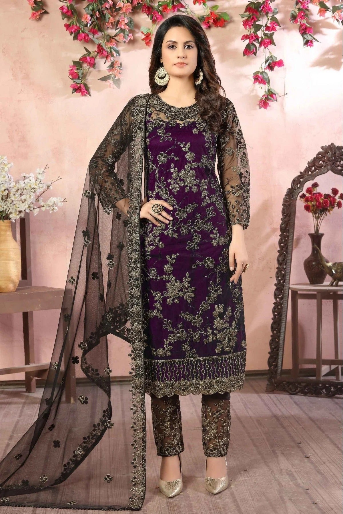 Purple Colour Net Pant Style Suit SM1050048