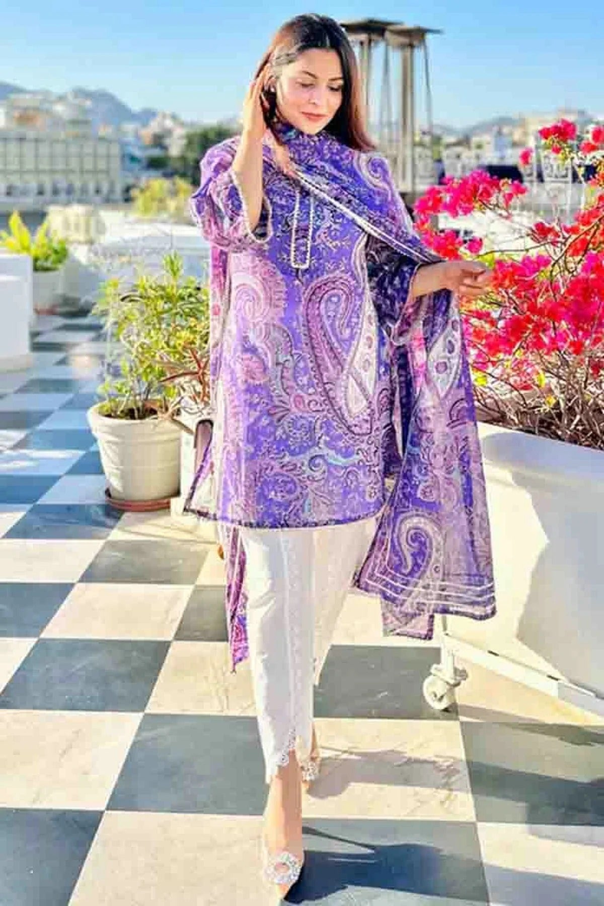 Purple Colour Printed Viscose Pant Style Suit SS1113491 A