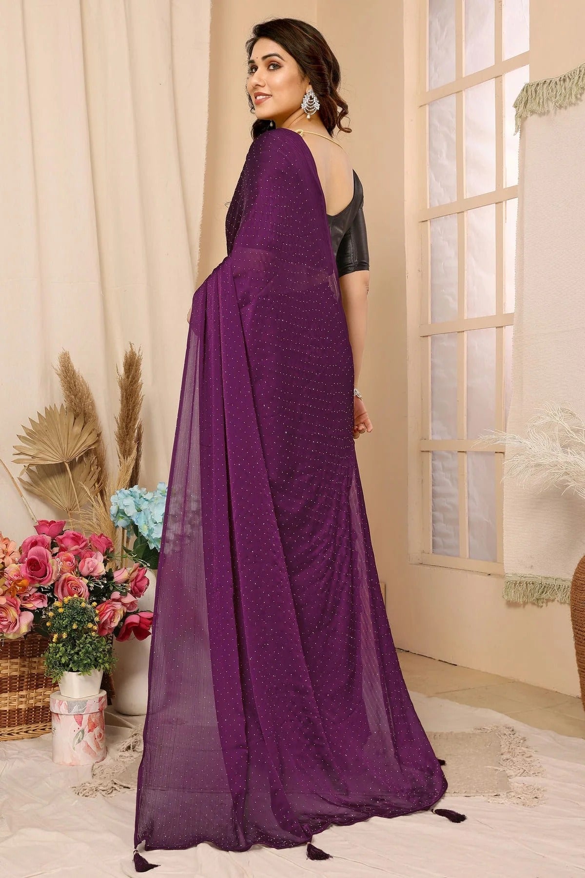 Purple Colour Satin Chiffon Stone Work Saree SD1180085 A