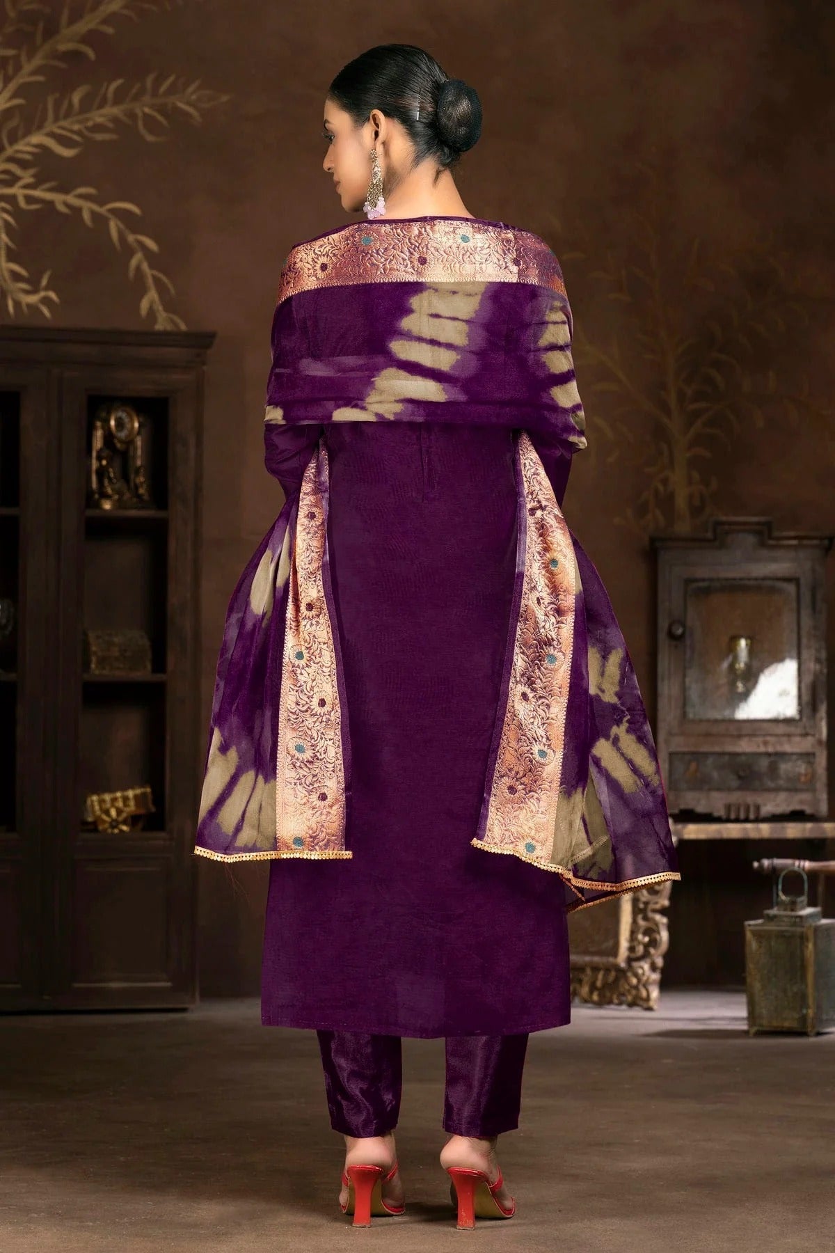 Purple Colour Unstitched Cotton Jacquard Pant Style Suit US1161319 A